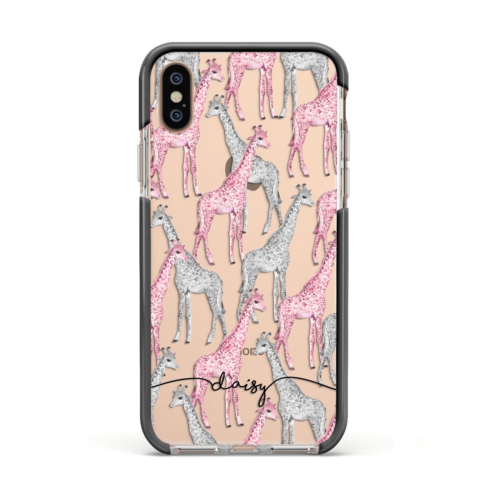 Personalised Pink Grey Giraffes Apple iPhone Xs Impact Case Black Edge on Gold Phone