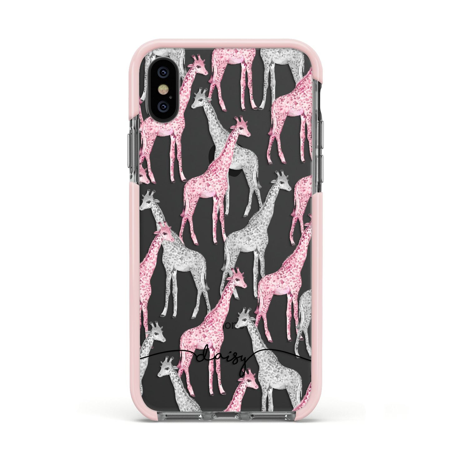 Personalised Pink Grey Giraffes Apple iPhone Xs Impact Case Pink Edge on Black Phone
