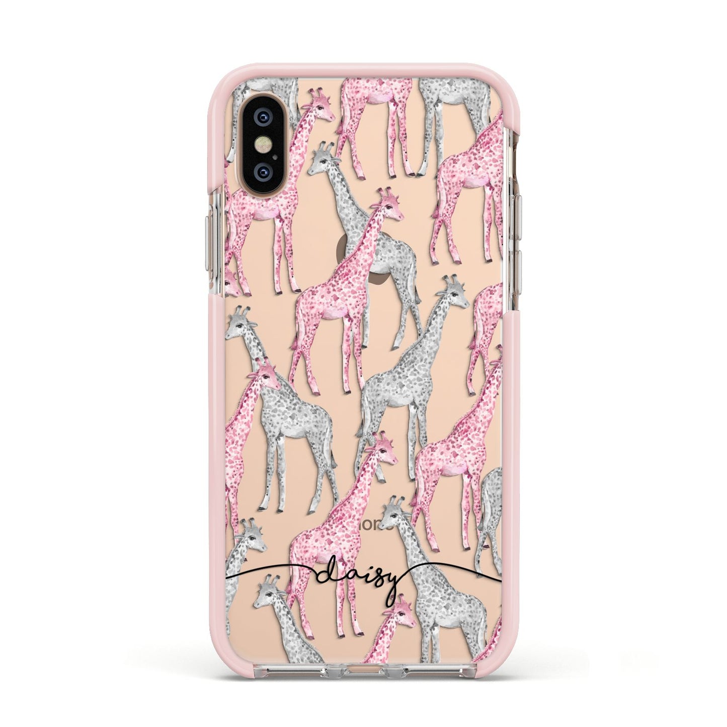 Personalised Pink Grey Giraffes Apple iPhone Xs Impact Case Pink Edge on Gold Phone