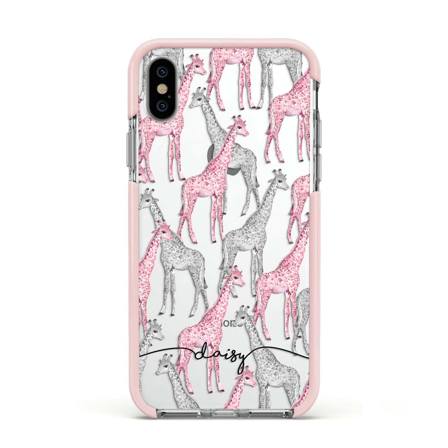 Personalised Pink Grey Giraffes Apple iPhone Xs Impact Case Pink Edge on Silver Phone
