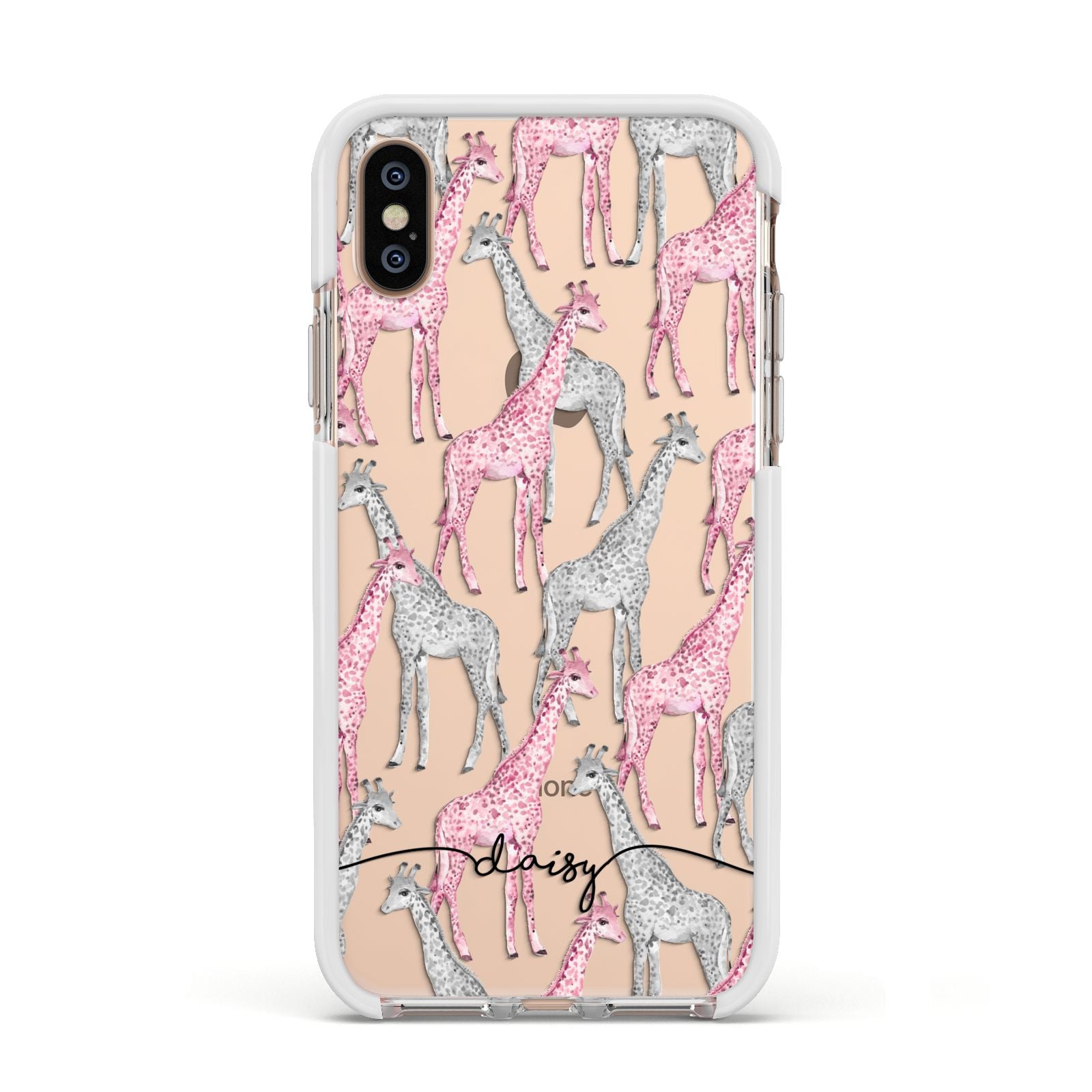 Personalised Pink Grey Giraffes Apple iPhone Xs Impact Case White Edge on Gold Phone