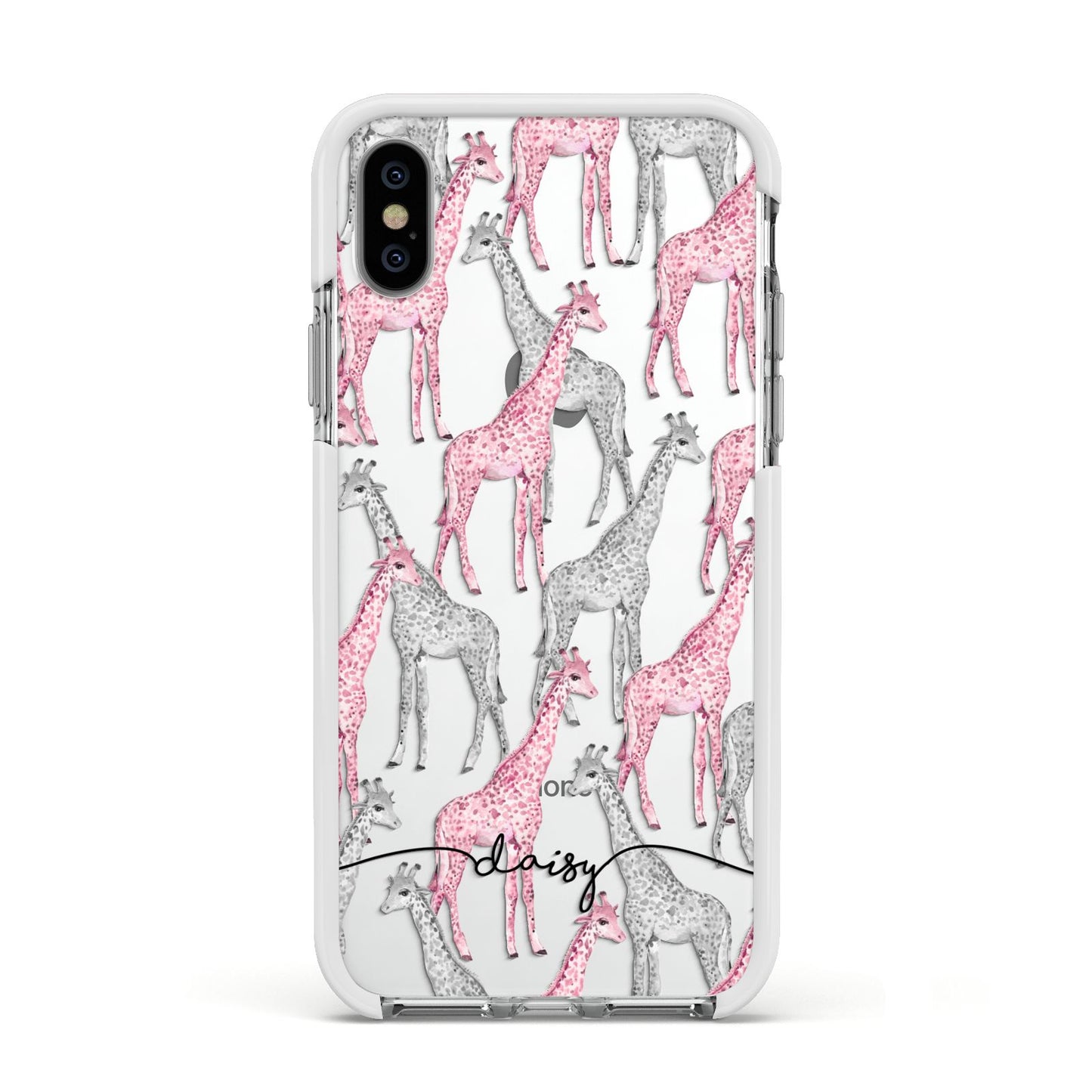 Personalised Pink Grey Giraffes Apple iPhone Xs Impact Case White Edge on Silver Phone