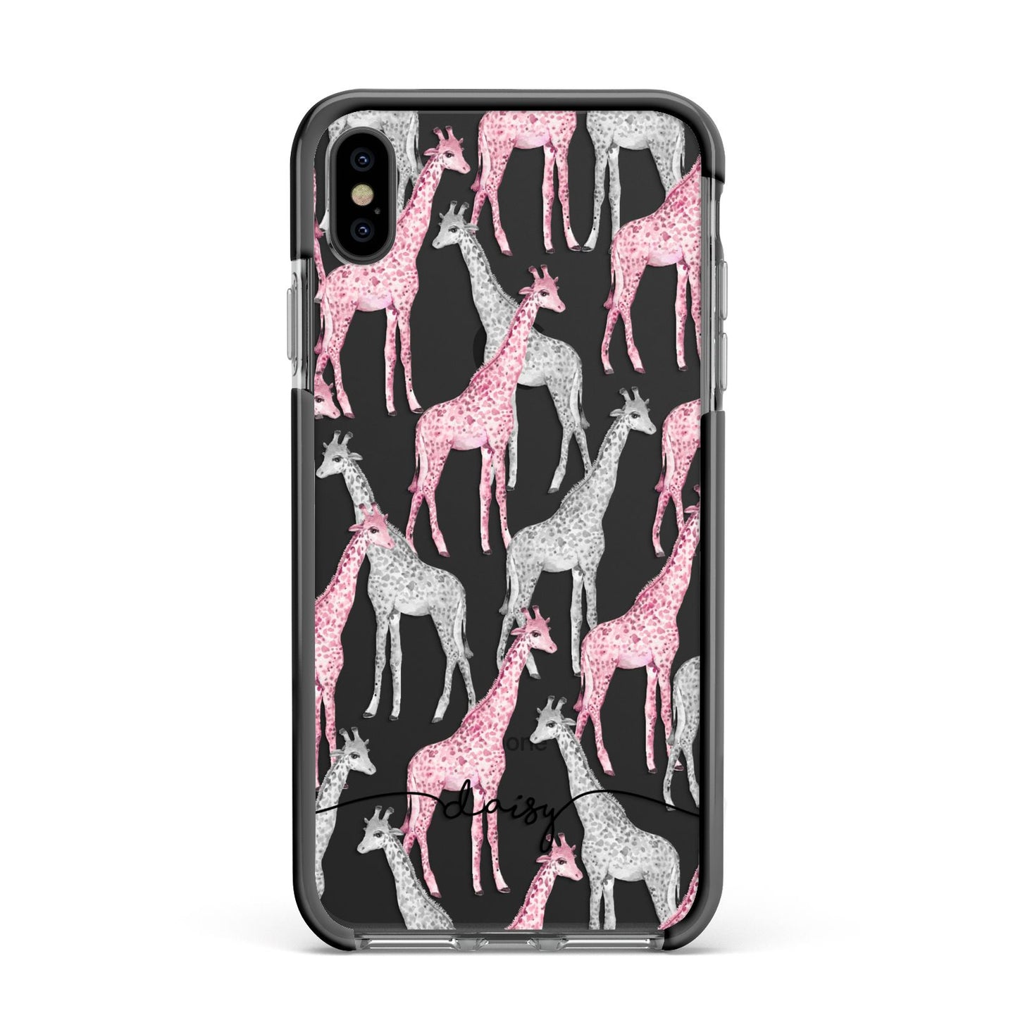 Personalised Pink Grey Giraffes Apple iPhone Xs Max Impact Case Black Edge on Black Phone