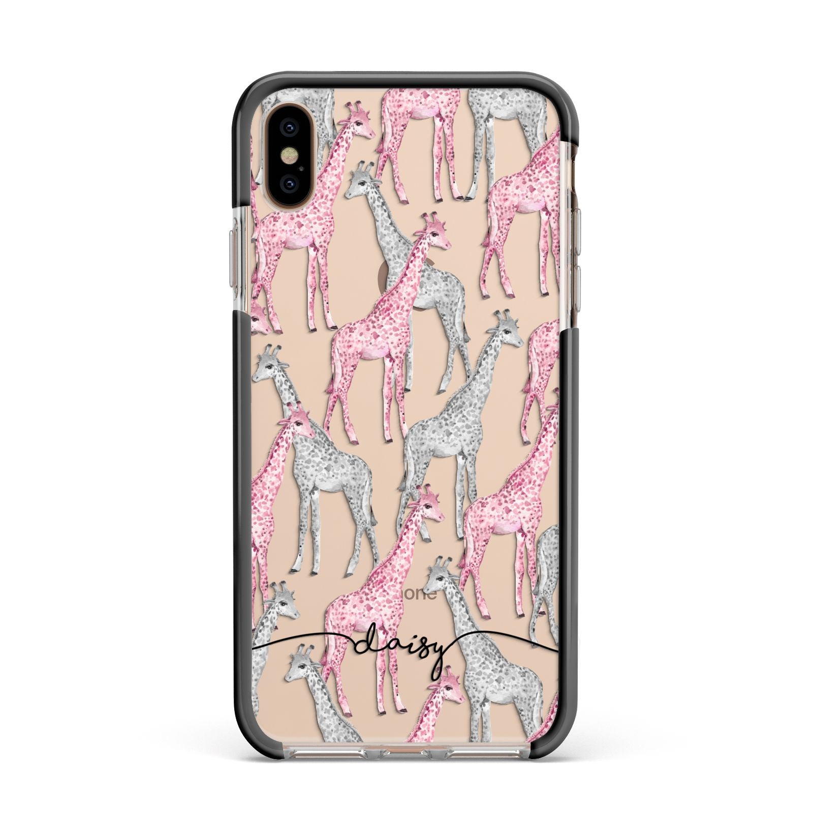 Personalised Pink Grey Giraffes Apple iPhone Xs Max Impact Case Black Edge on Gold Phone