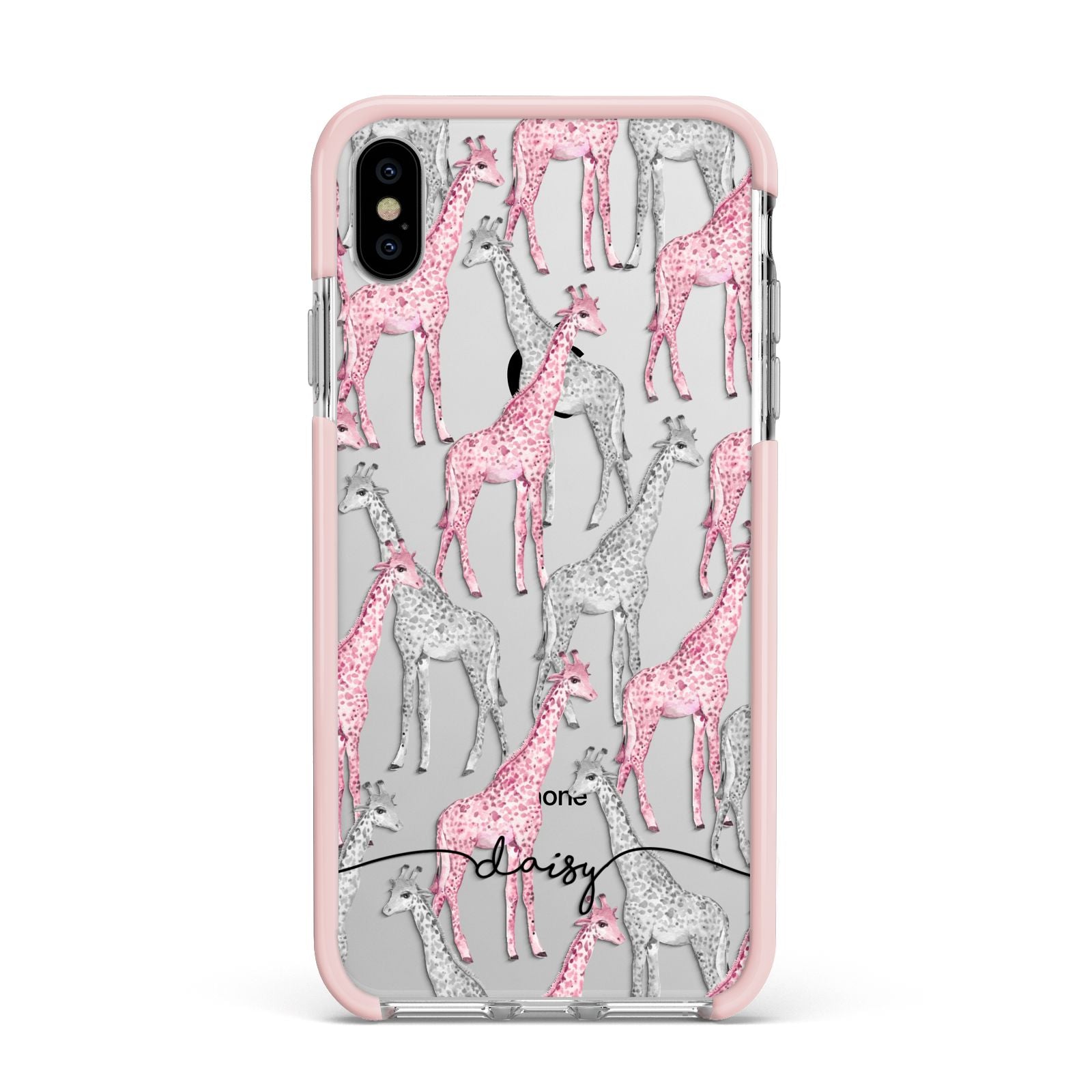 Personalised Pink Grey Giraffes Apple iPhone Xs Max Impact Case Pink Edge on Silver Phone