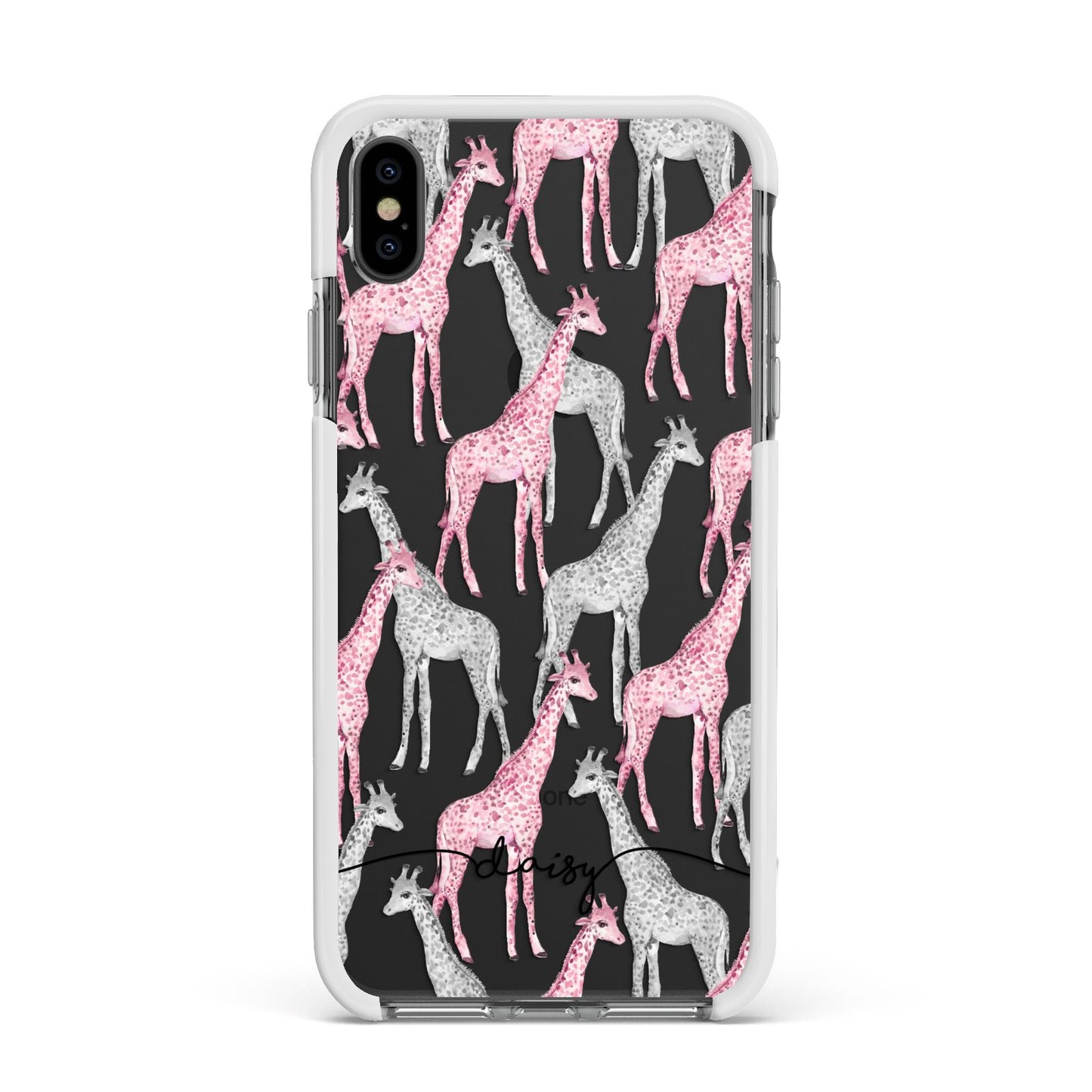 Personalised Pink Grey Giraffes Apple iPhone Xs Max Impact Case White Edge on Black Phone