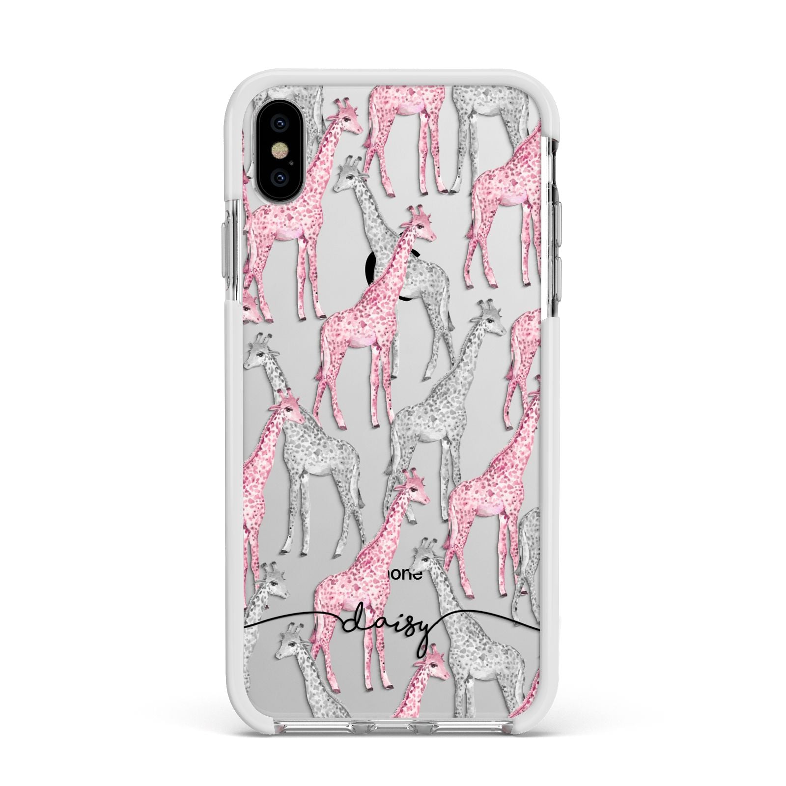 Personalised Pink Grey Giraffes Apple iPhone Xs Max Impact Case White Edge on Silver Phone