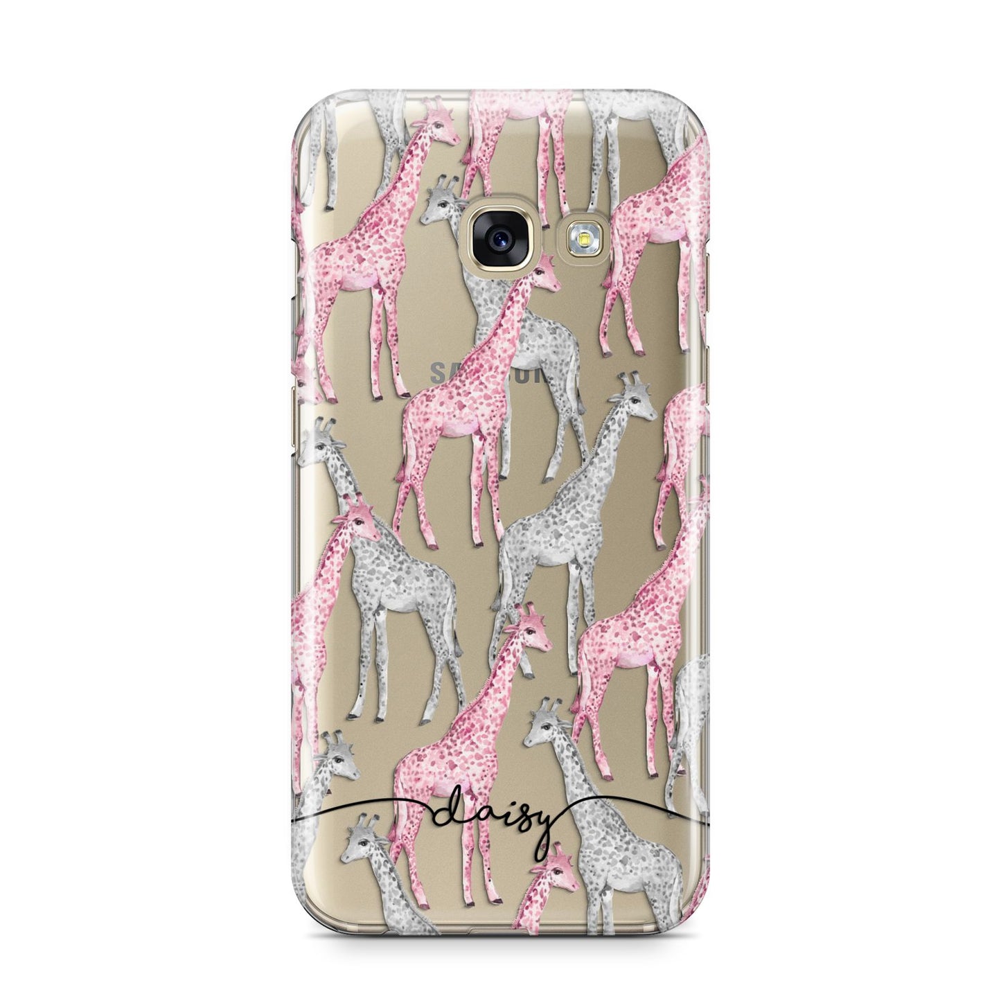 Personalised Pink Grey Giraffes Samsung Galaxy A3 2017 Case on gold phone