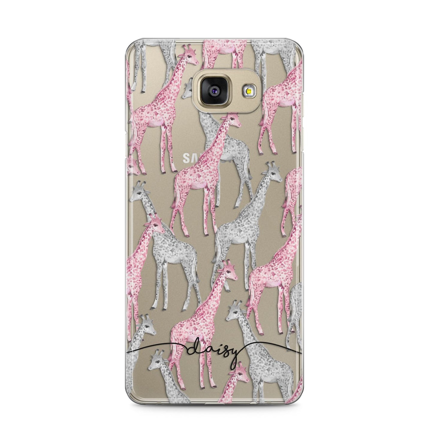 Personalised Pink Grey Giraffes Samsung Galaxy A5 2016 Case on gold phone