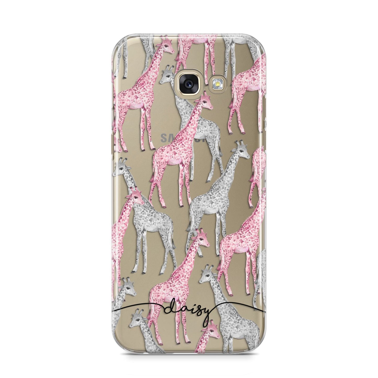 Personalised Pink Grey Giraffes Samsung Galaxy A5 2017 Case on gold phone