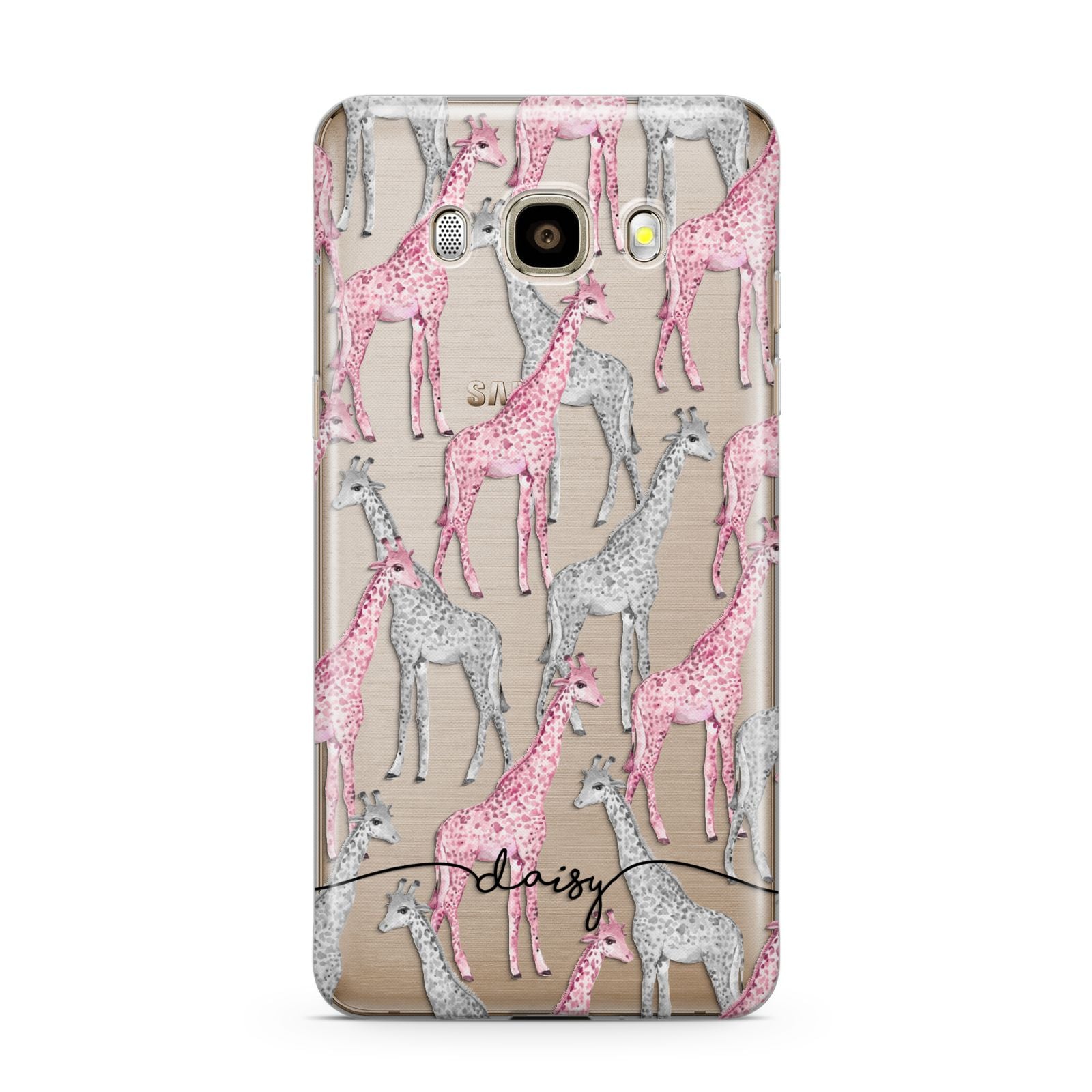 Personalised Pink Grey Giraffes Samsung Galaxy J7 2016 Case on gold phone