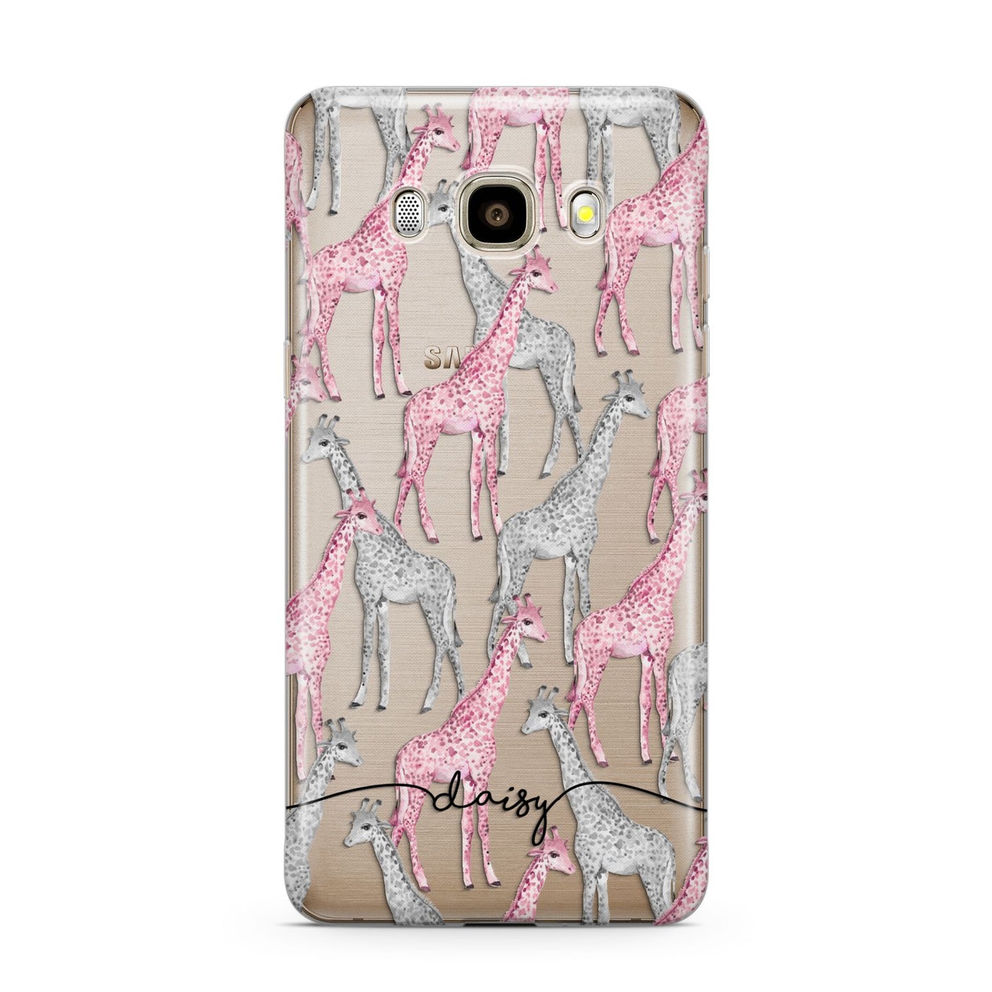 Personalised Pink Grey Giraffes Samsung Galaxy J7 2016 Case on gold phone