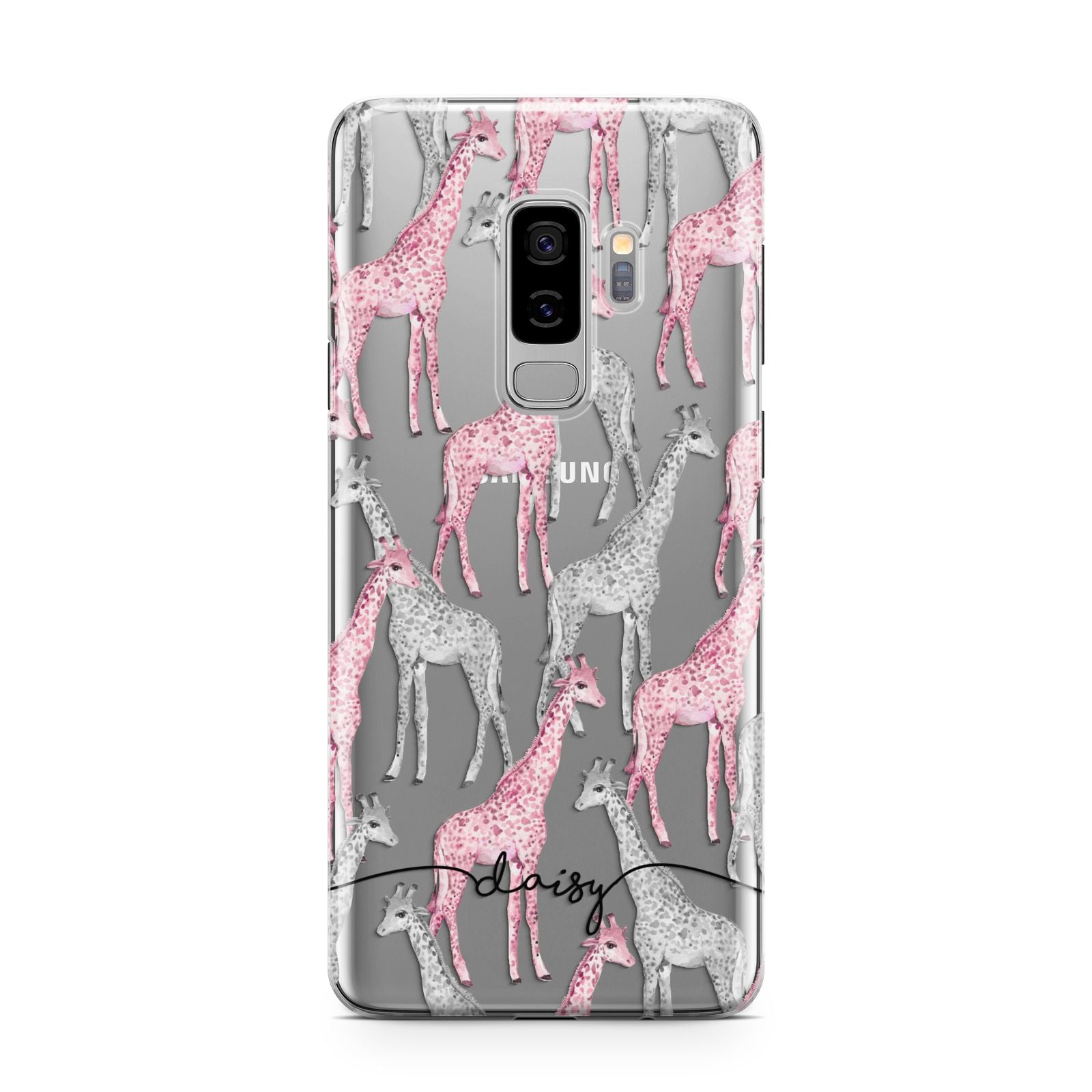 Personalised Pink Grey Giraffes Samsung Galaxy S9 Plus Case on Silver phone