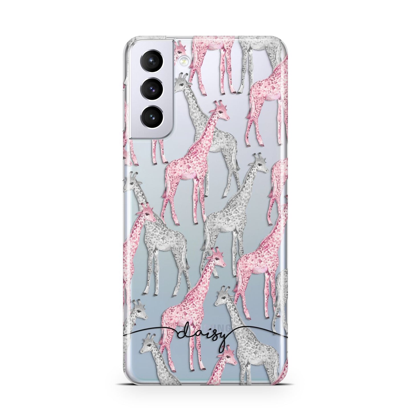 Personalised Pink Grey Giraffes Samsung S21 Plus Phone Case