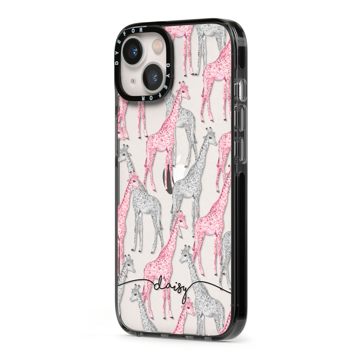 Personalised Pink Grey Giraffes iPhone 13 Black Impact Case Side Angle on Silver phone