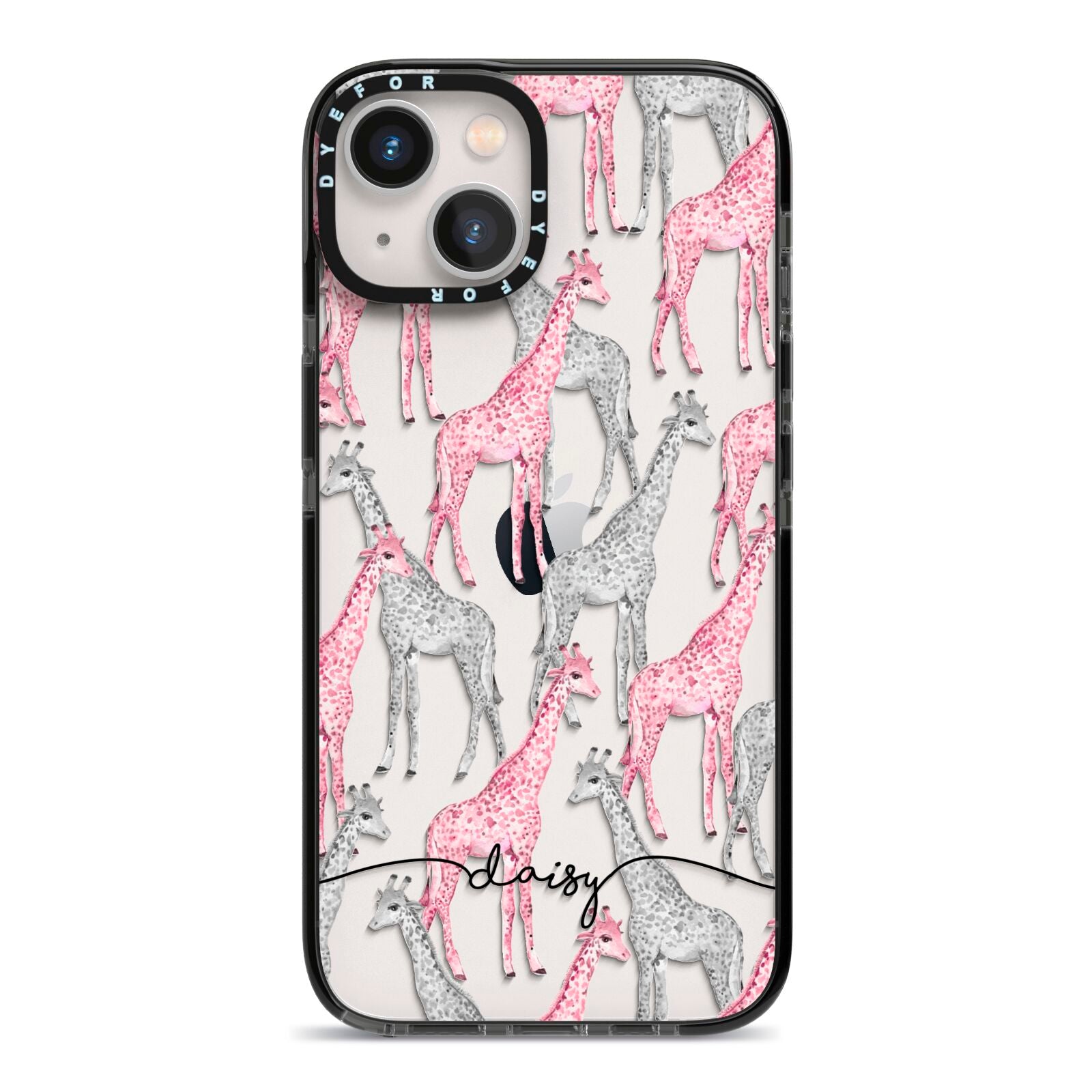 Personalised Pink Grey Giraffes iPhone 13 Black Impact Case on Silver phone