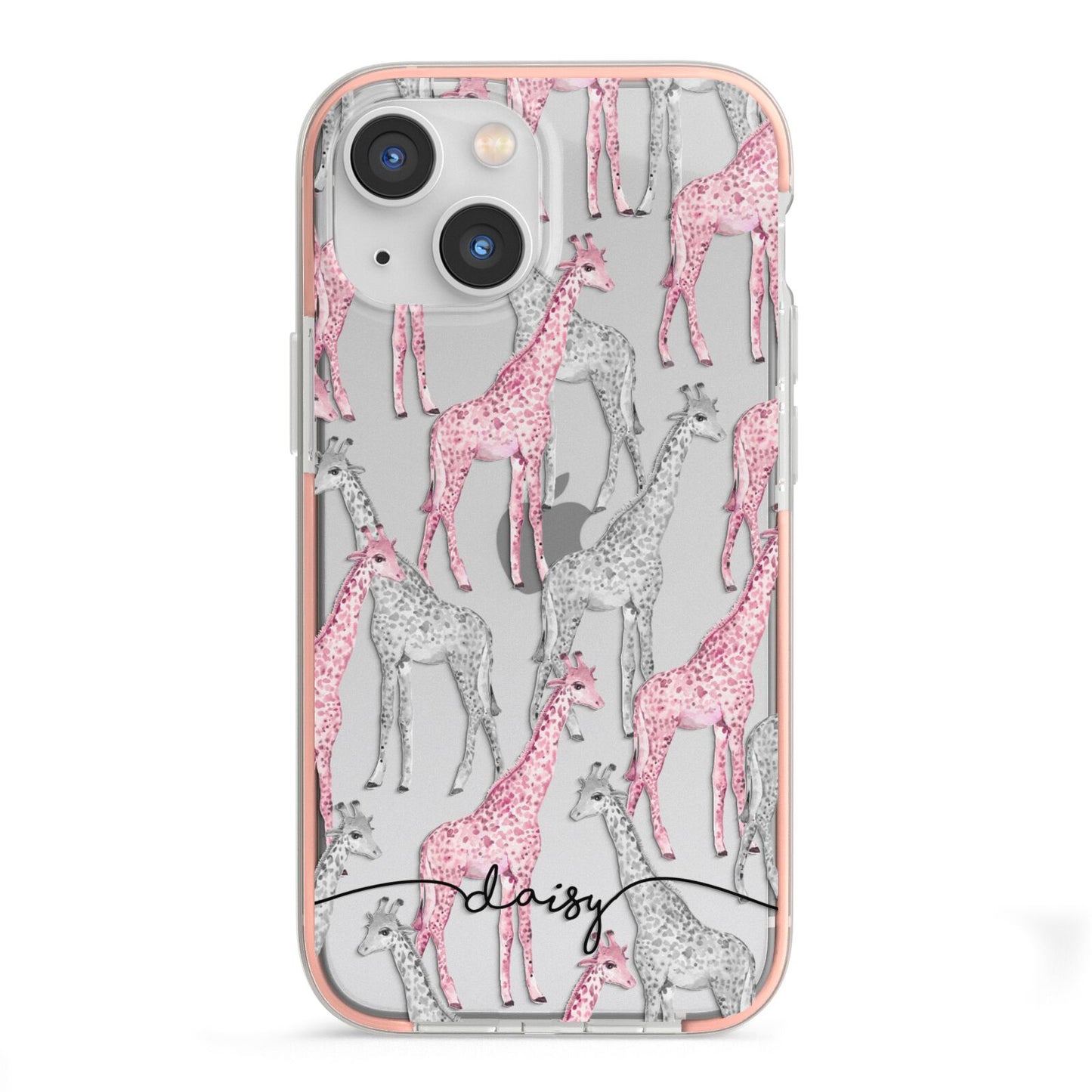 Personalised Pink Grey Giraffes iPhone 13 Mini TPU Impact Case with Pink Edges