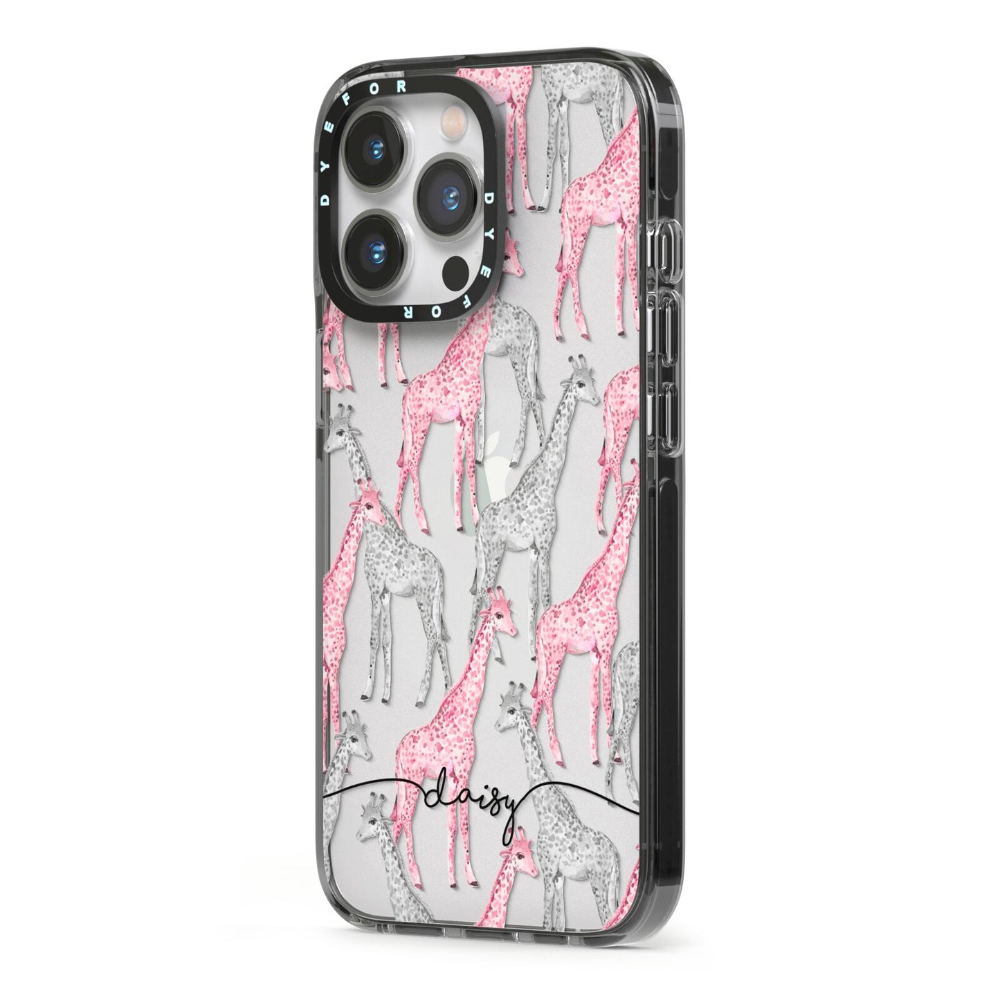 Personalised Pink Grey Giraffes iPhone 13 Pro Black Impact Case Side Angle on Silver phone