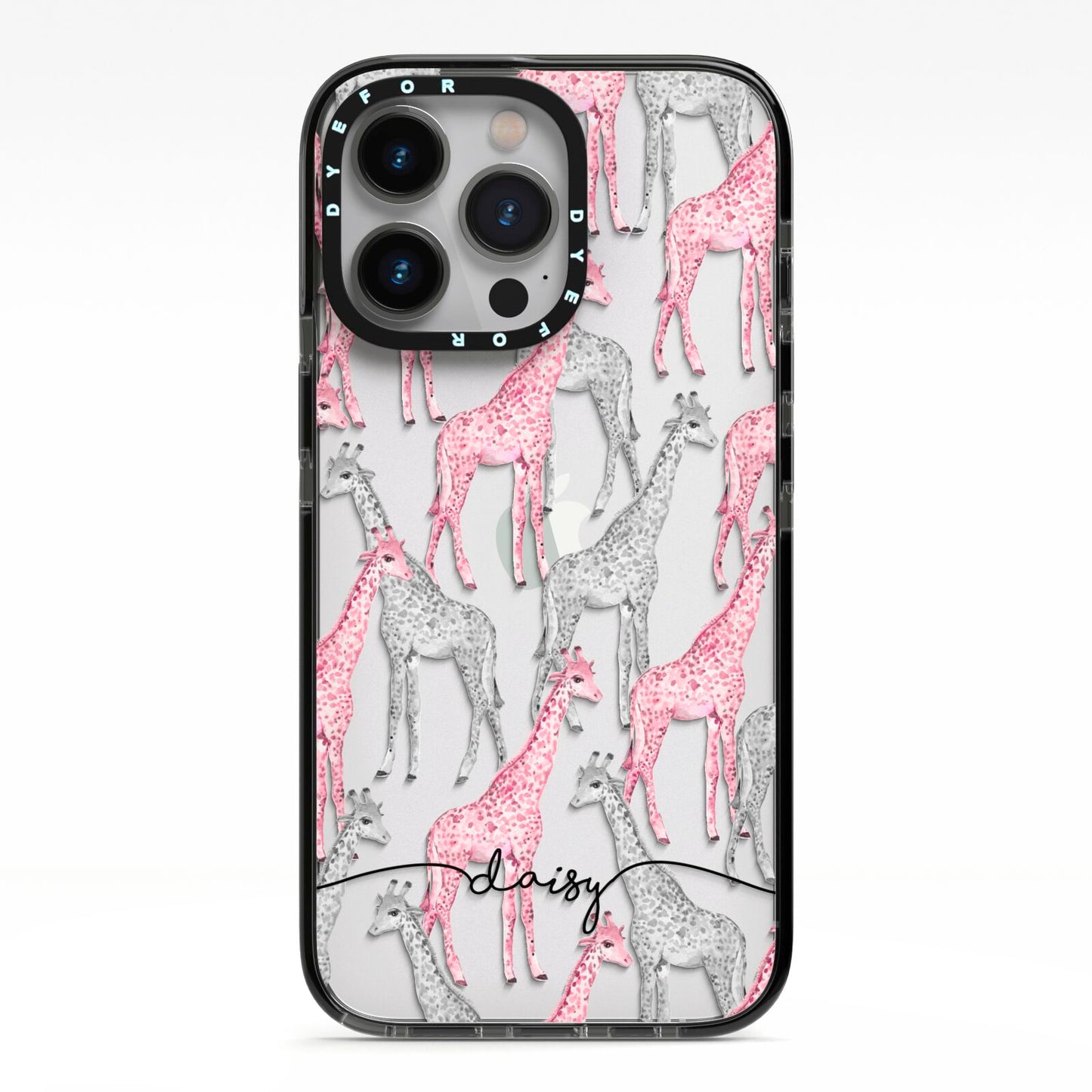 Personalised Pink Grey Giraffes iPhone 13 Pro Black Impact Case on Silver phone