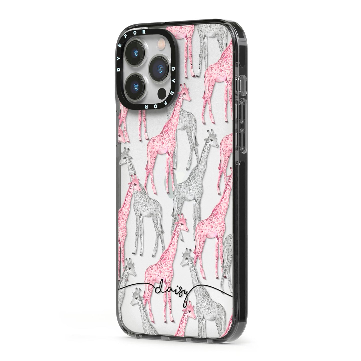 Personalised Pink Grey Giraffes iPhone 13 Pro Max Black Impact Case Side Angle on Silver phone