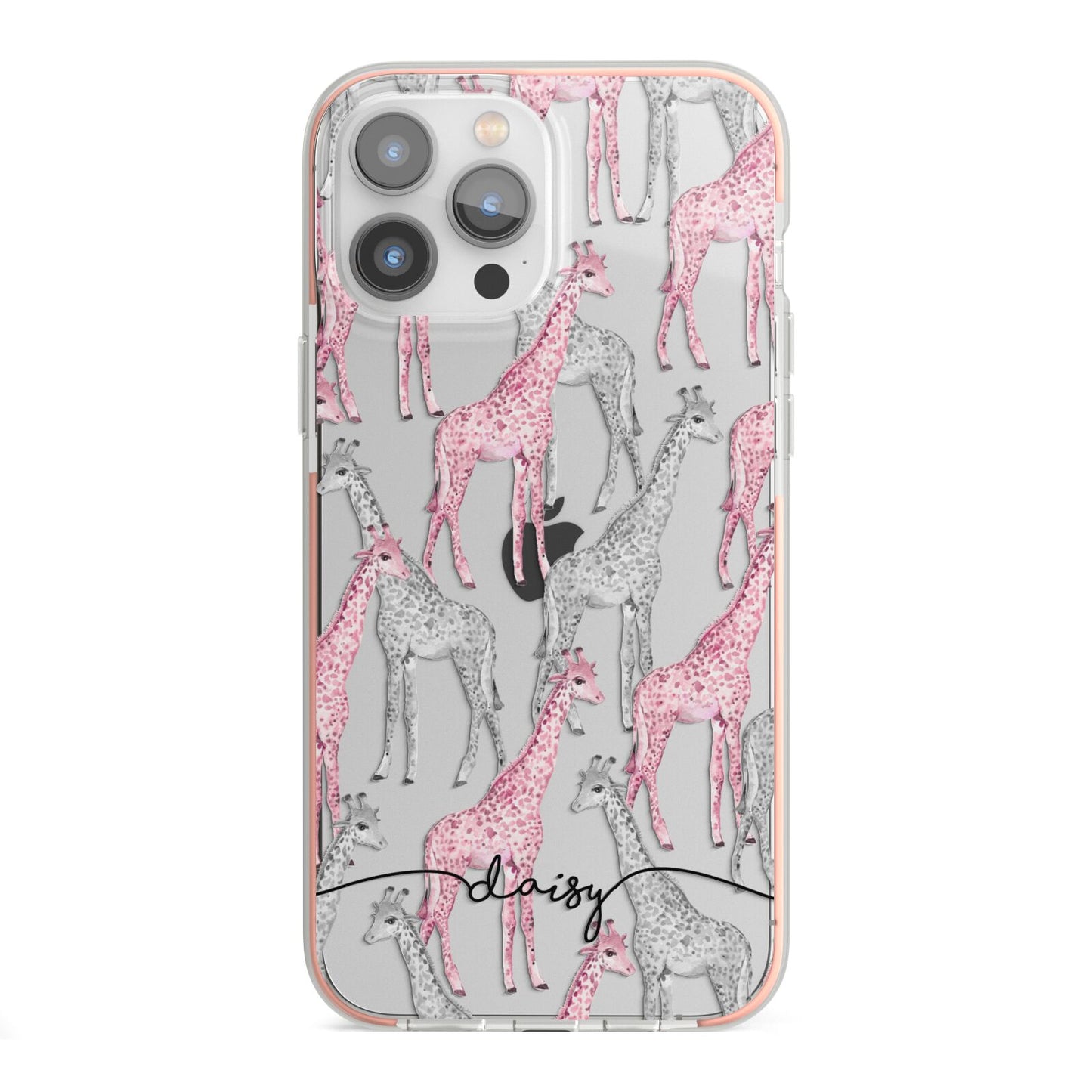 Personalised Pink Grey Giraffes iPhone 13 Pro Max TPU Impact Case with Pink Edges