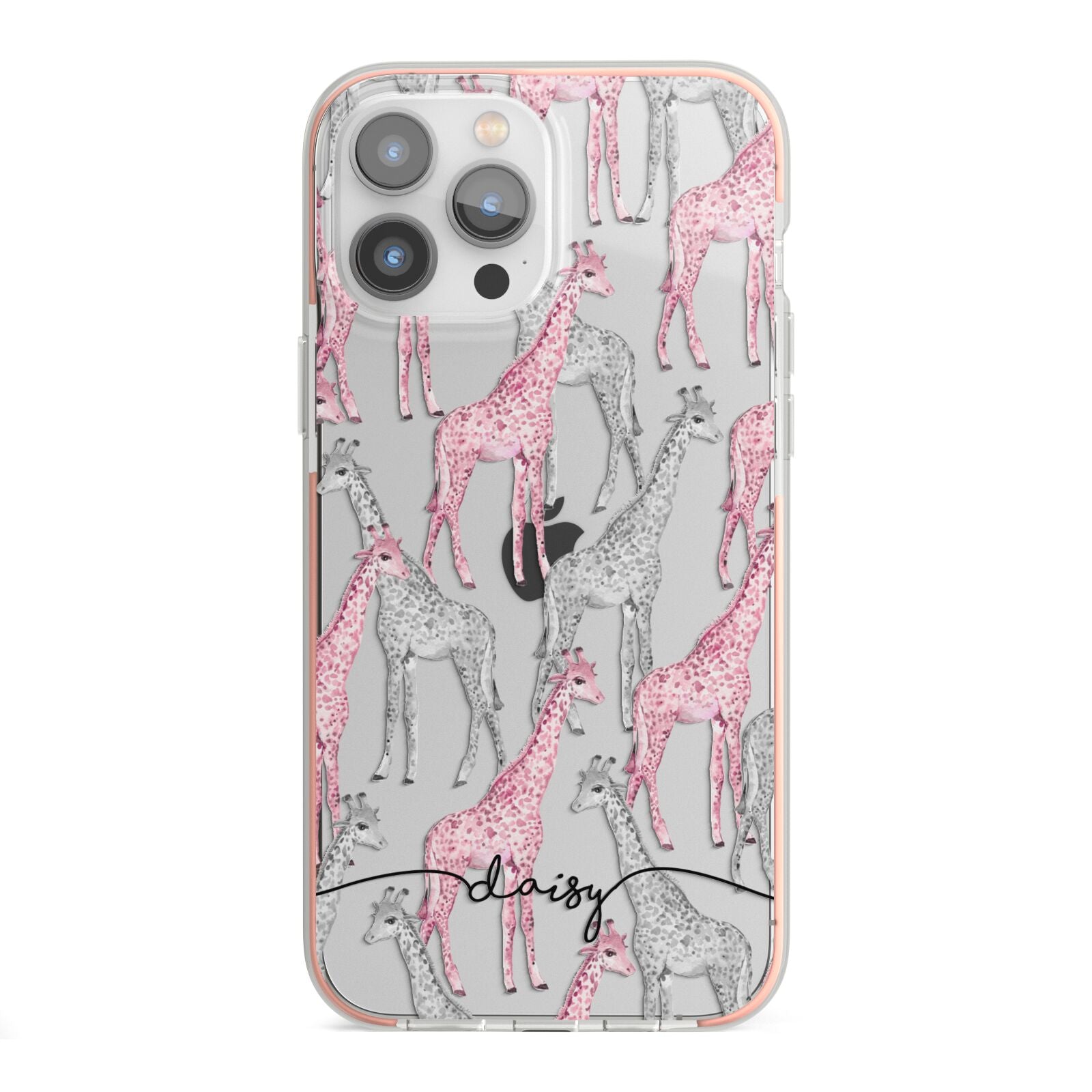 Personalised Pink Grey Giraffes iPhone 13 Pro Max TPU Impact Case with Pink Edges