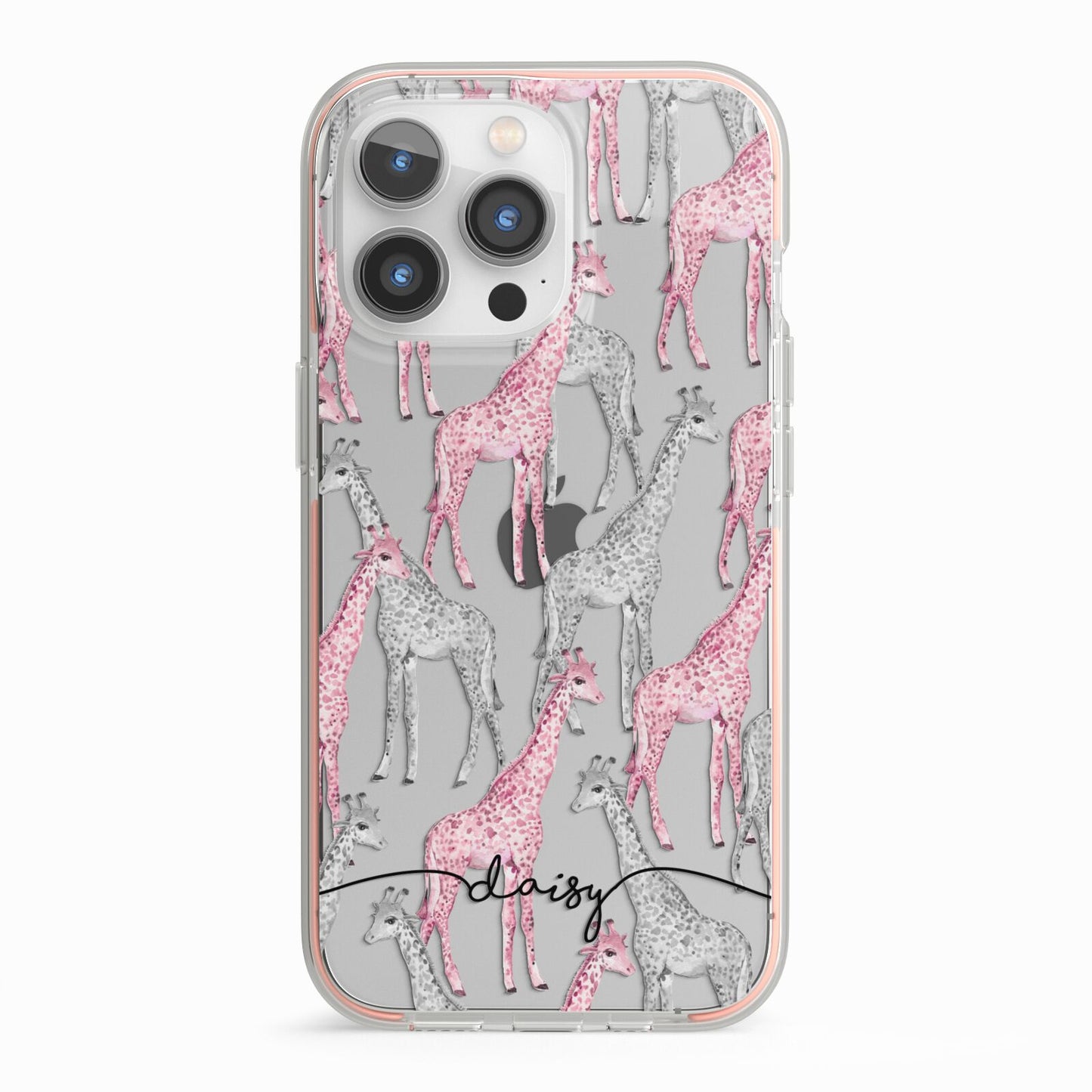 Personalised Pink Grey Giraffes iPhone 13 Pro TPU Impact Case with Pink Edges