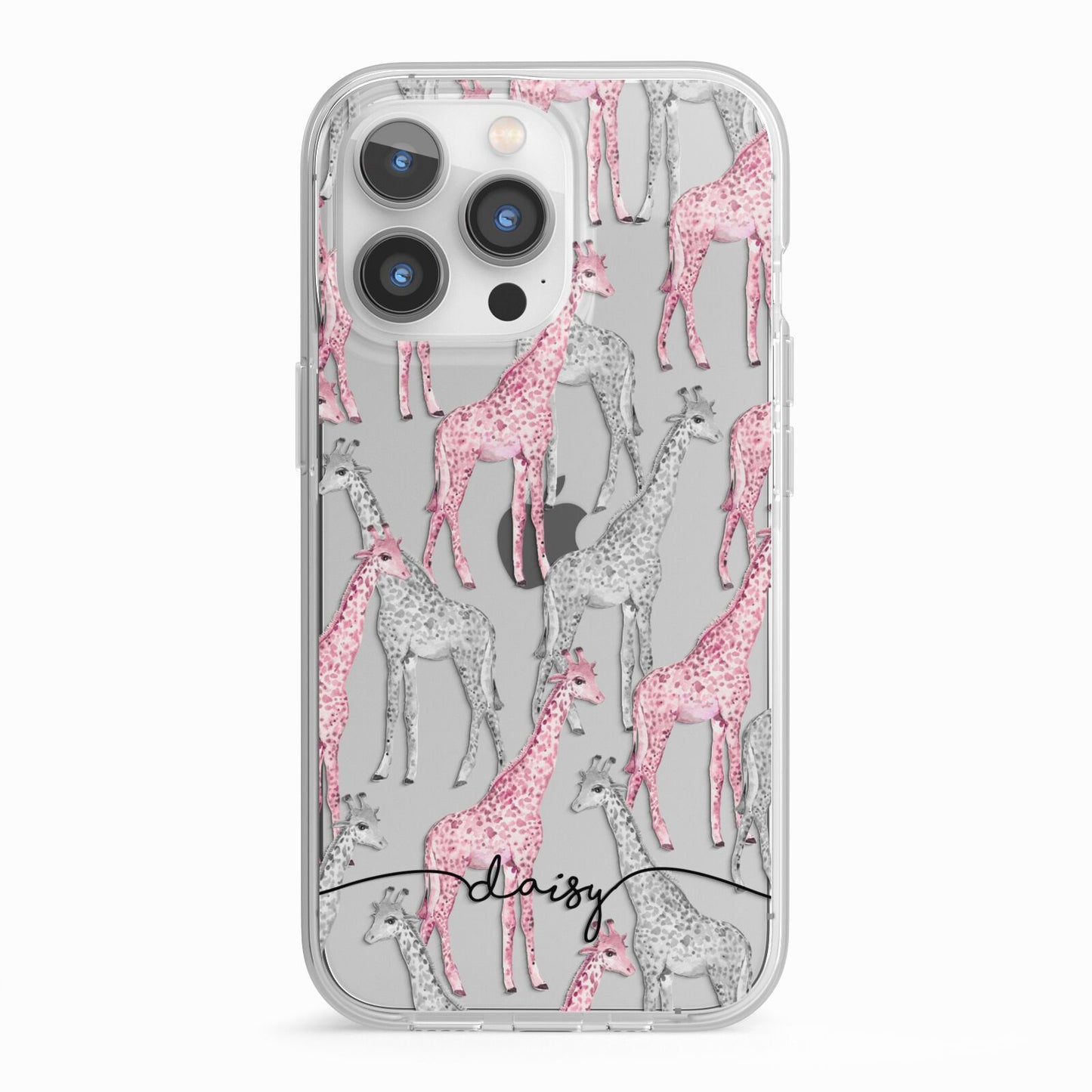 Personalised Pink Grey Giraffes iPhone 13 Pro TPU Impact Case with White Edges