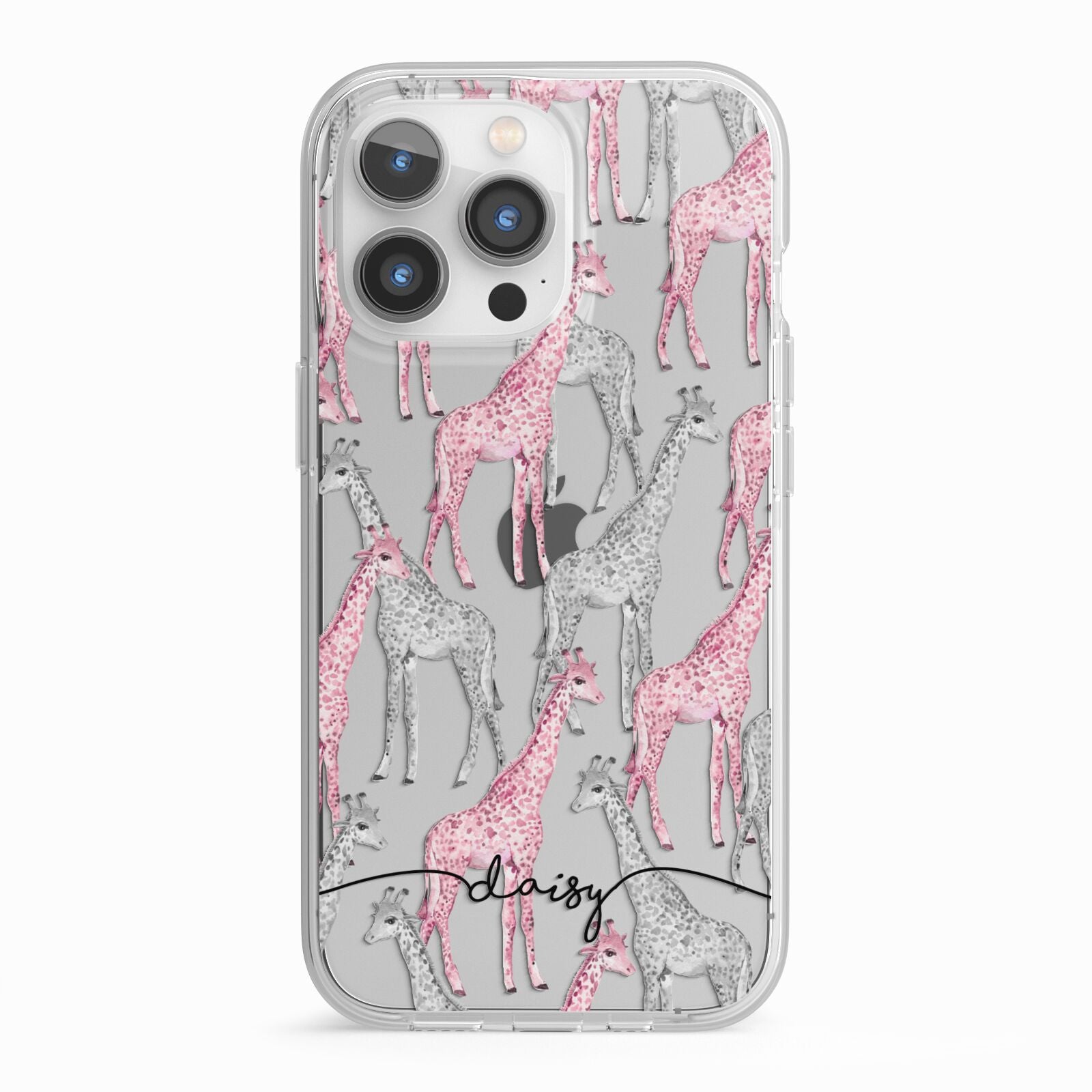 Personalised Pink Grey Giraffes iPhone 13 Pro TPU Impact Case with White Edges