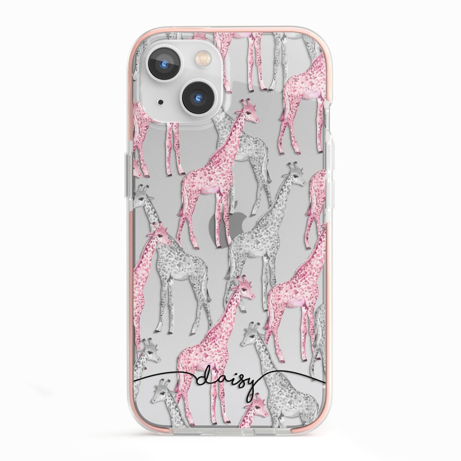 Personalised Pink Grey Giraffes iPhone 13 TPU Impact Case with Pink Edges