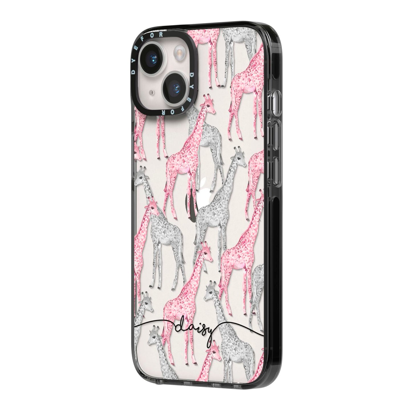 Personalised Pink Grey Giraffes iPhone 14 Black Impact Case Side Angle on Silver phone
