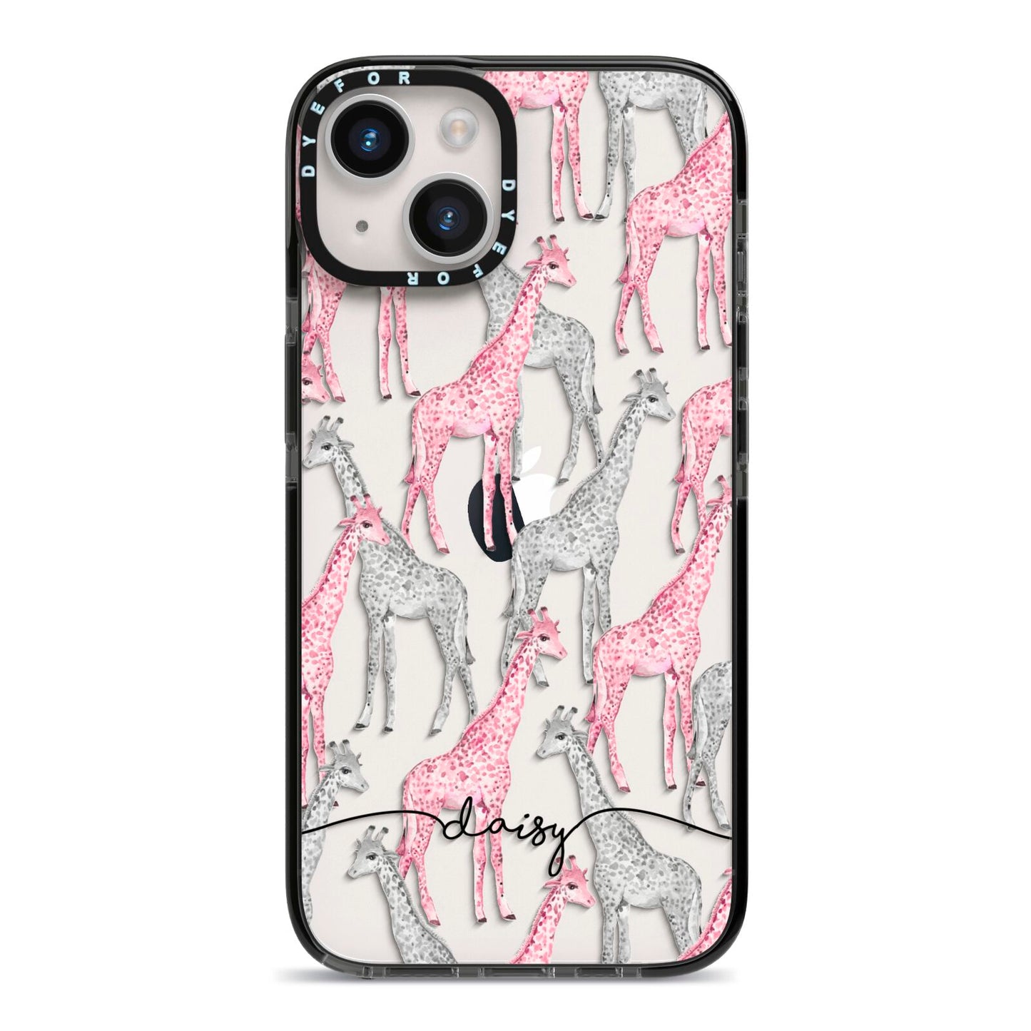Personalised Pink Grey Giraffes iPhone 14 Black Impact Case on Silver phone