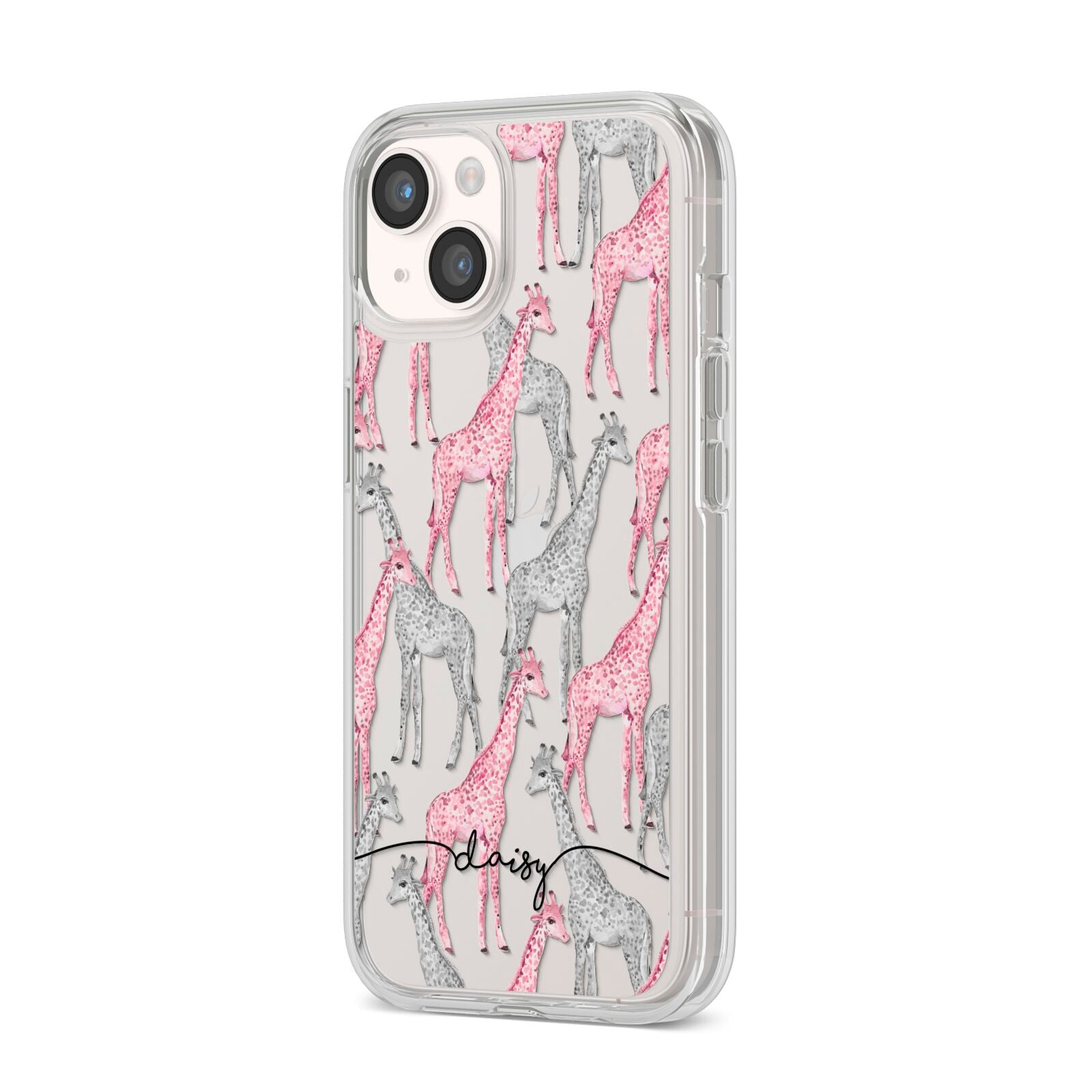 Personalised Pink Grey Giraffes iPhone 14 Clear Tough Case Starlight Angled Image