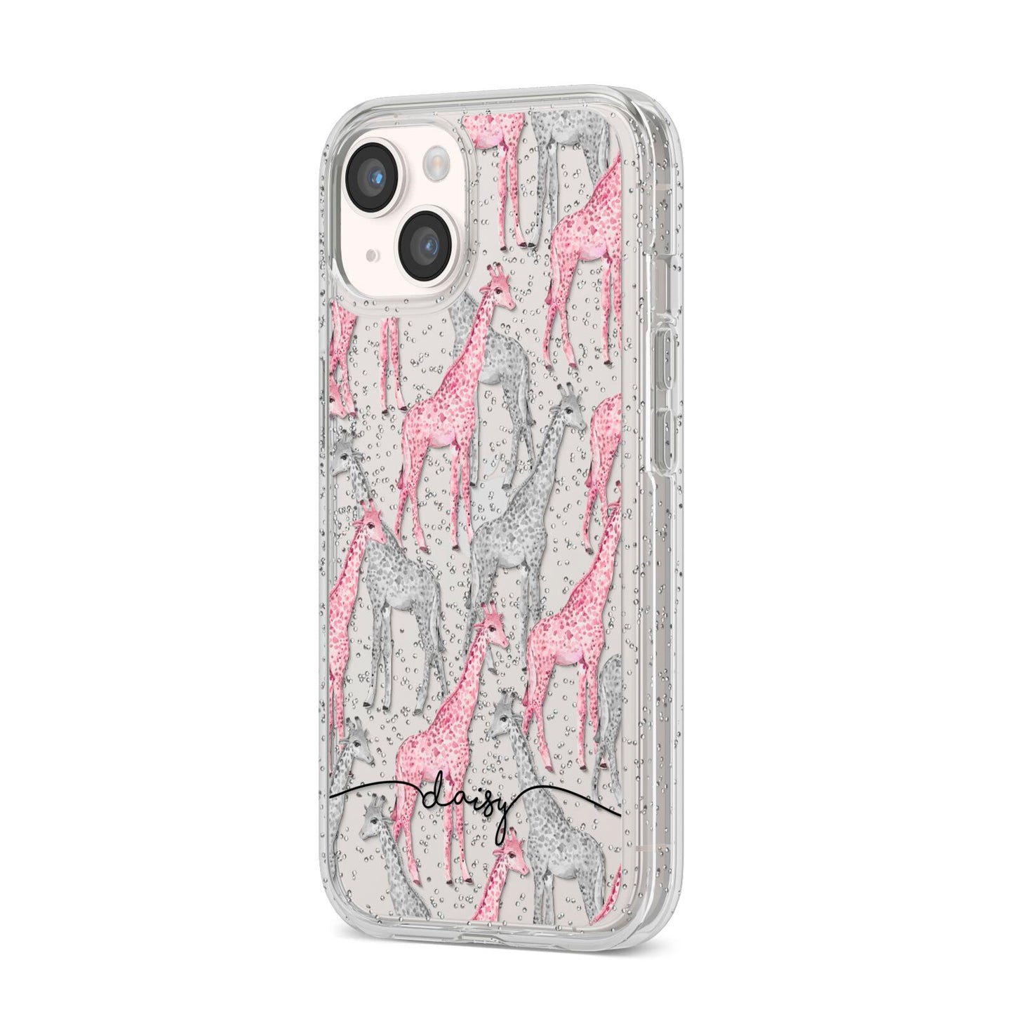 Personalised Pink Grey Giraffes iPhone 14 Glitter Tough Case Starlight Angled Image