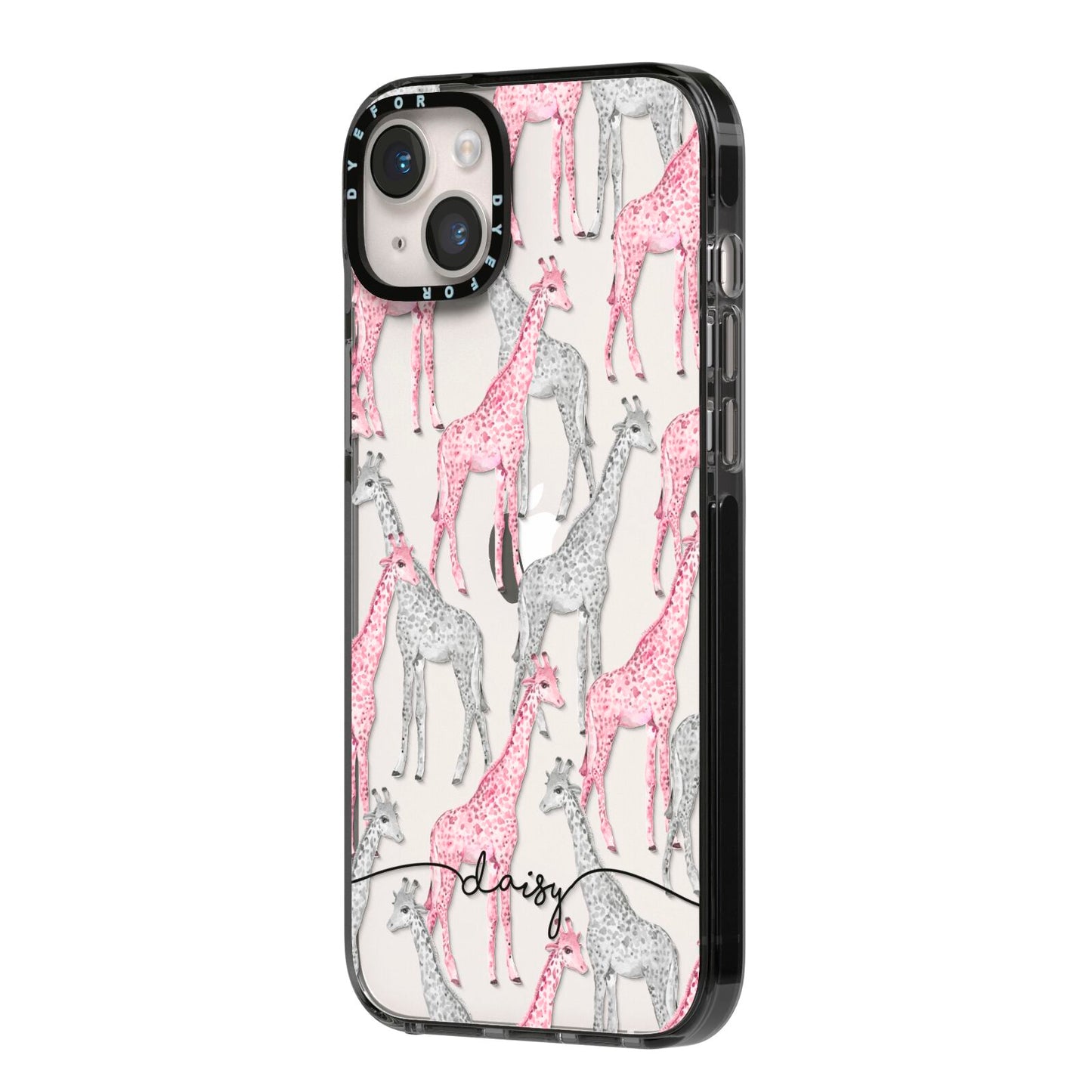 Personalised Pink Grey Giraffes iPhone 14 Plus Black Impact Case Side Angle on Silver phone