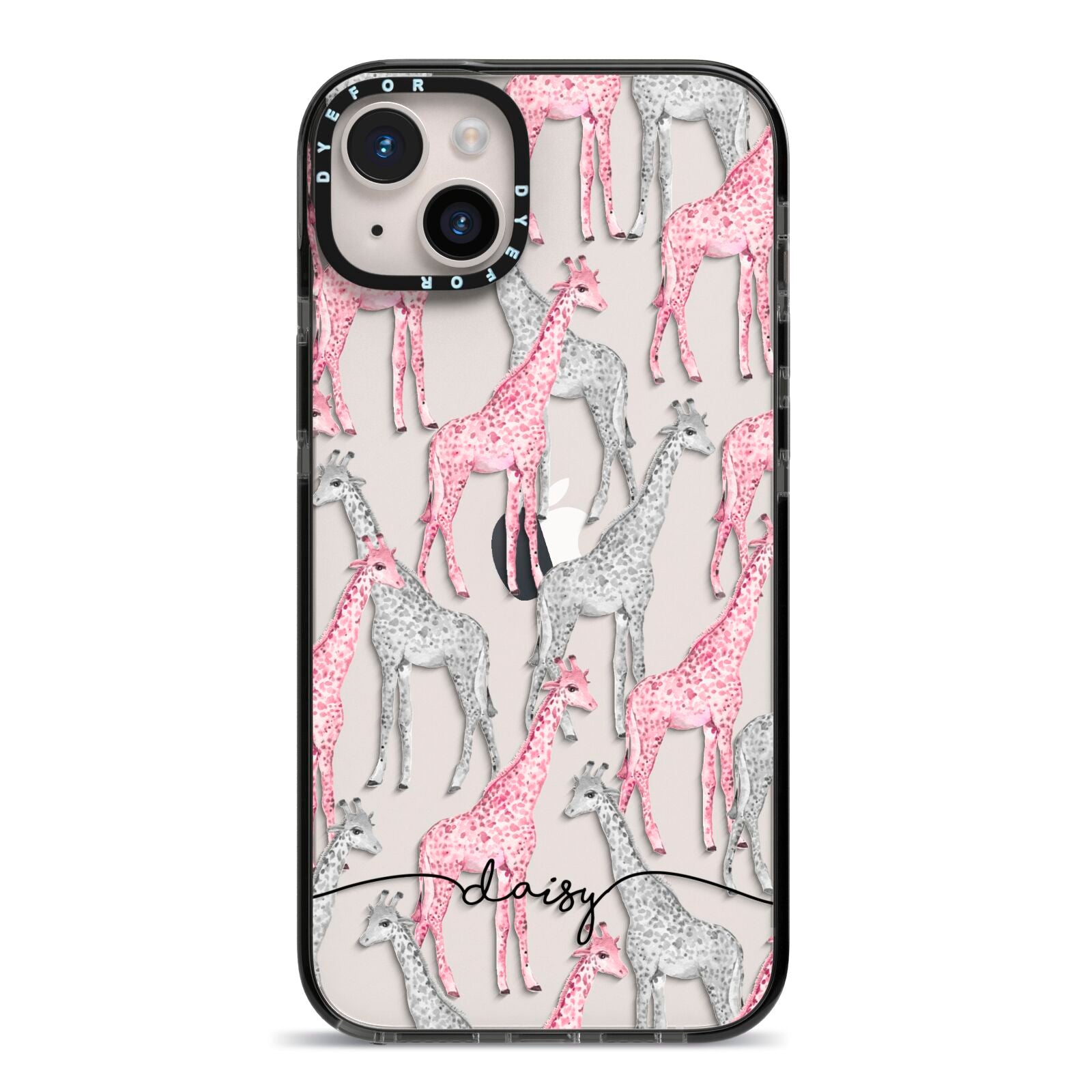 Personalised Pink Grey Giraffes iPhone 14 Plus Black Impact Case on Silver phone