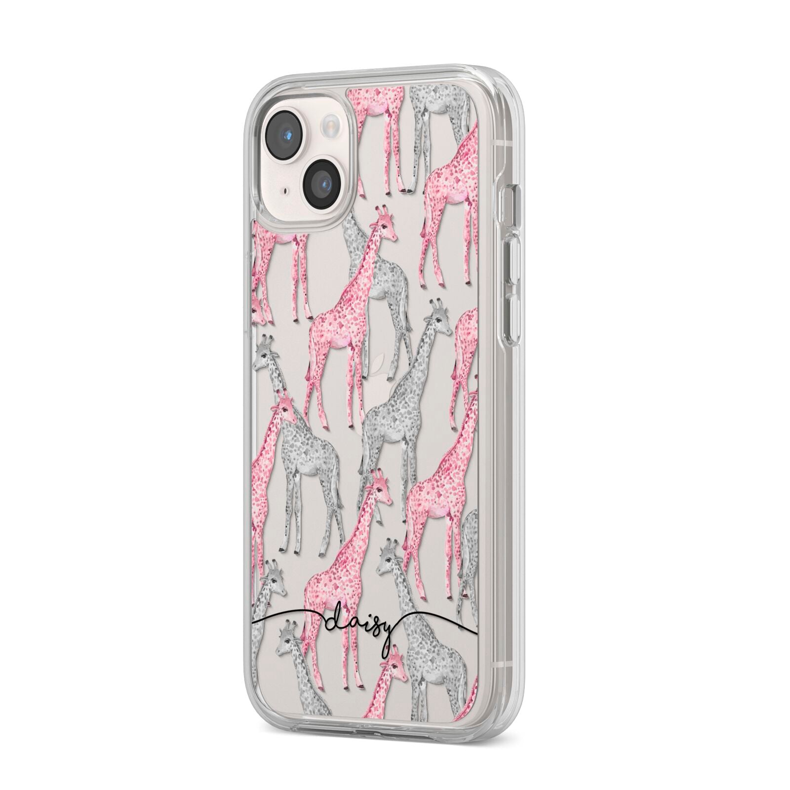 Personalised Pink Grey Giraffes iPhone 14 Plus Clear Tough Case Starlight Angled Image
