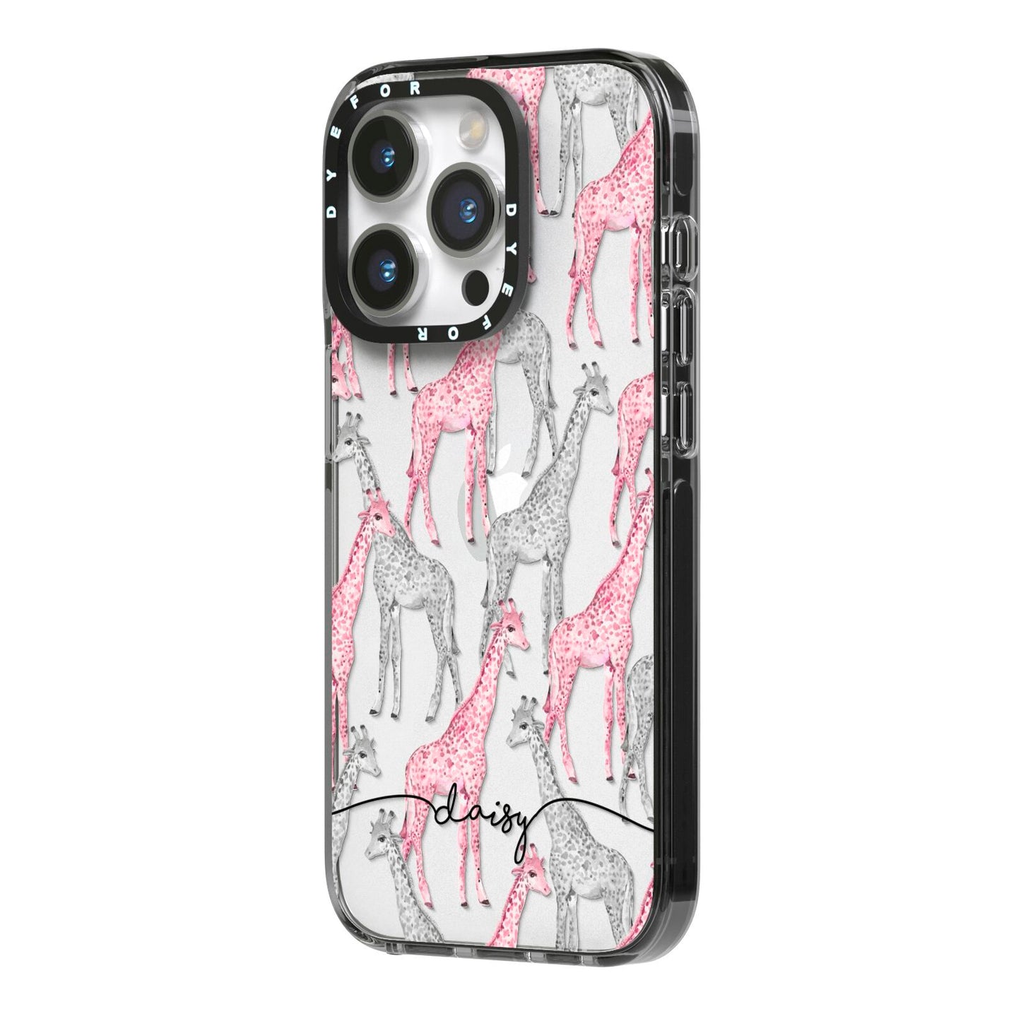 Personalised Pink Grey Giraffes iPhone 14 Pro Black Impact Case Side Angle on Silver phone