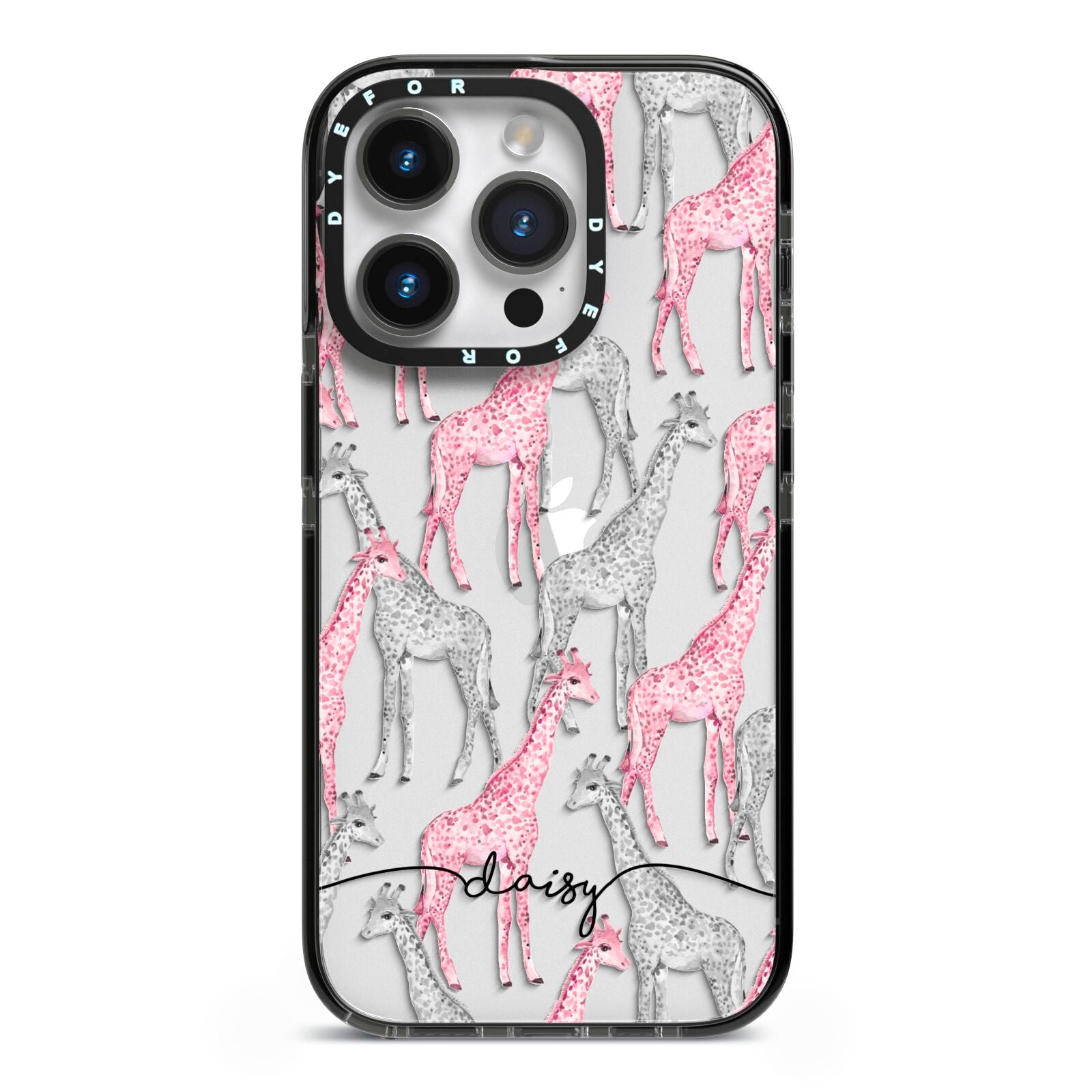 Personalised Pink Grey Giraffes iPhone 14 Pro Black Impact Case on Silver phone