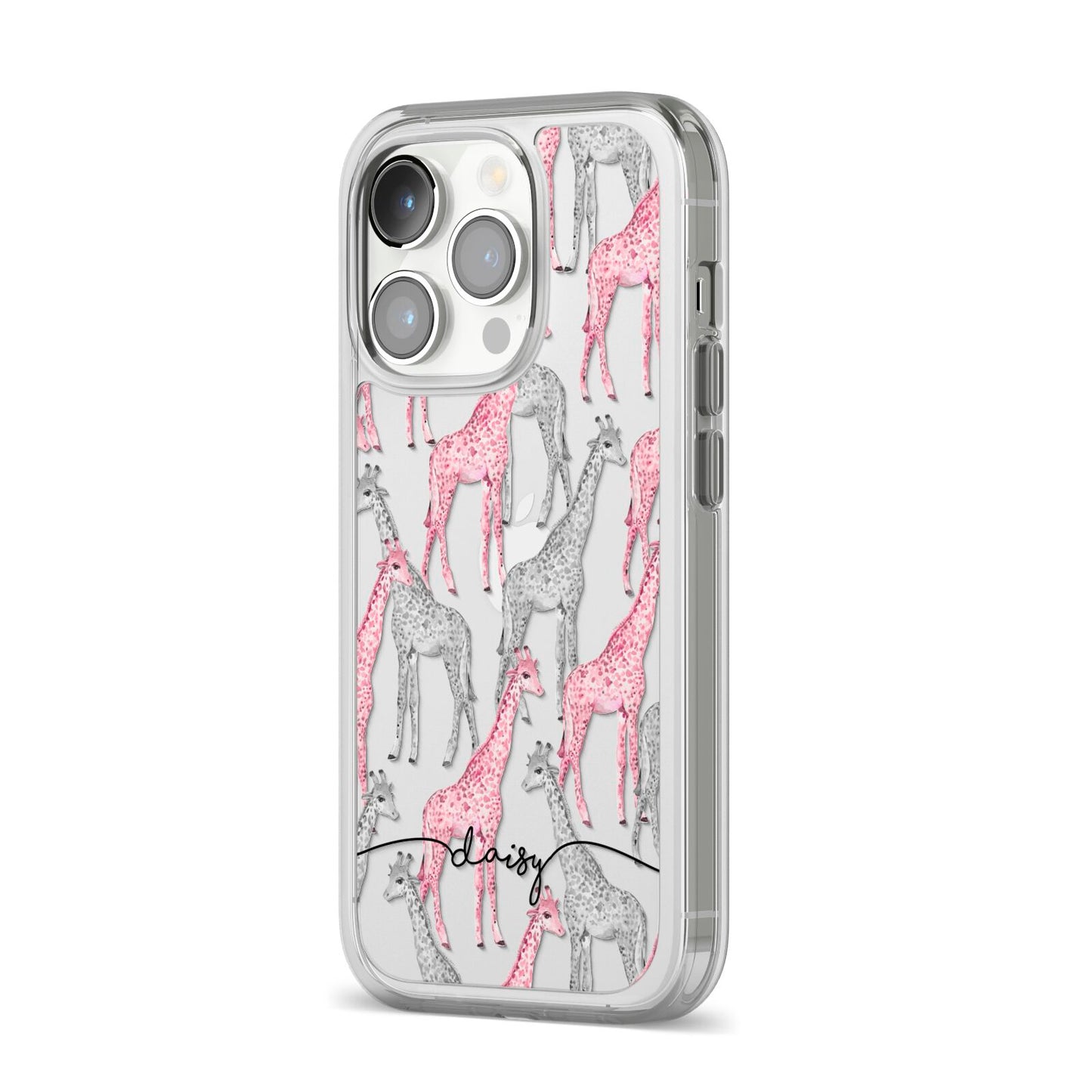 Personalised Pink Grey Giraffes iPhone 14 Pro Clear Tough Case Silver Angled Image