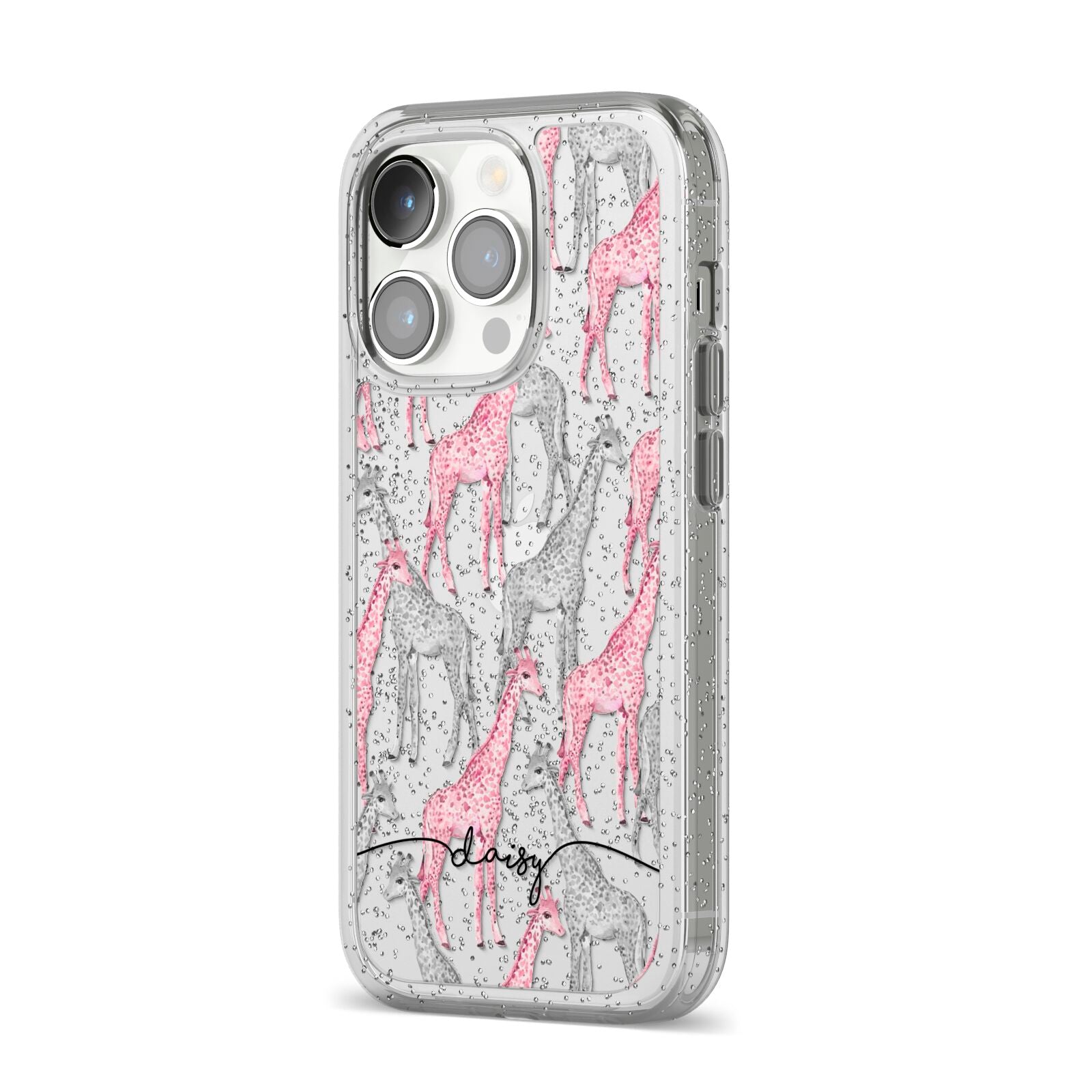 Personalised Pink Grey Giraffes iPhone 14 Pro Glitter Tough Case Silver Angled Image