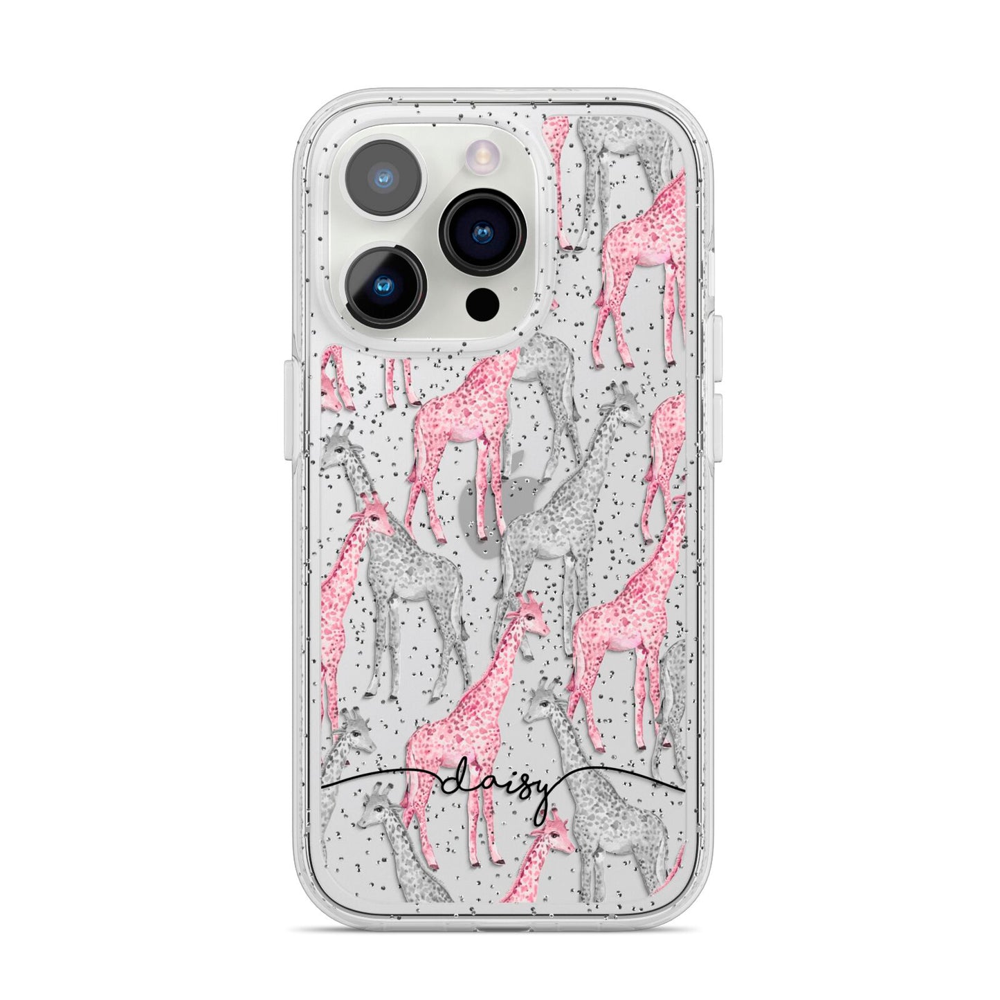 Personalised Pink Grey Giraffes iPhone 14 Pro Glitter Tough Case Silver