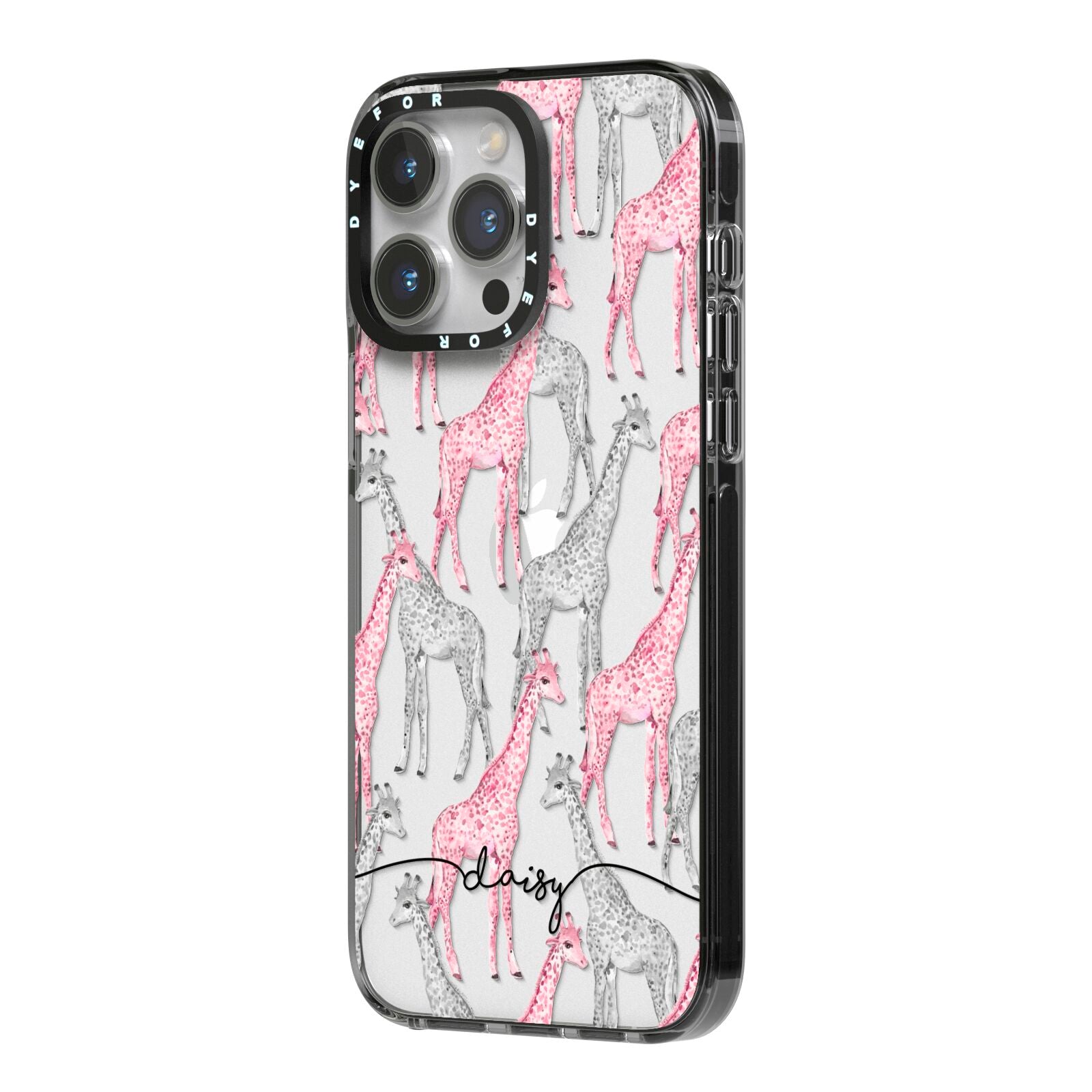 Personalised Pink Grey Giraffes iPhone 14 Pro Max Black Impact Case Side Angle on Silver phone