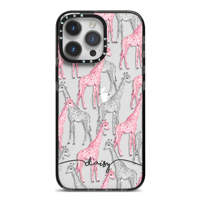 Personalised Pink Grey Giraffes iPhone 14 Pro Max Black Impact Case on Silver phone