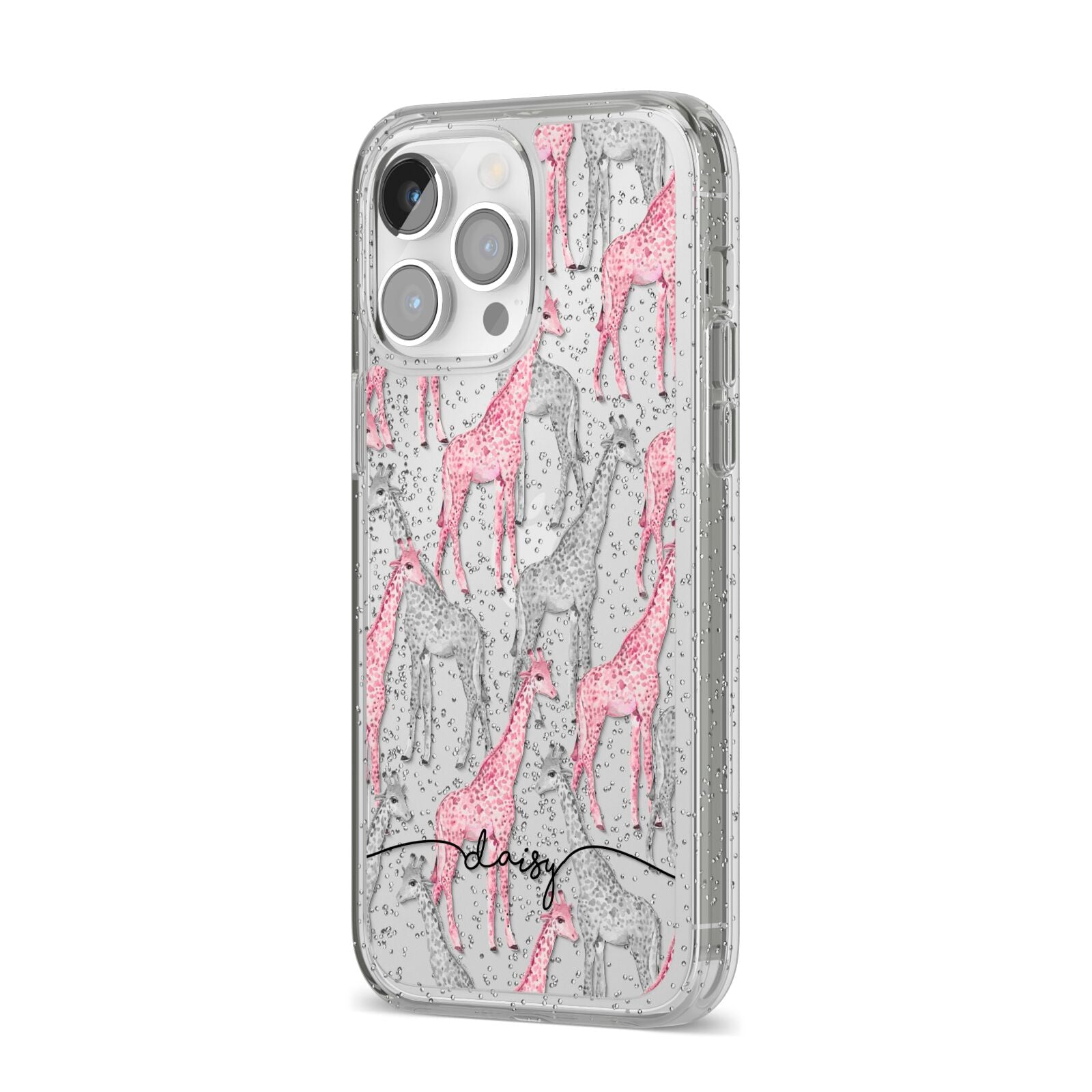 Personalised Pink Grey Giraffes iPhone 14 Pro Max Glitter Tough Case Silver Angled Image