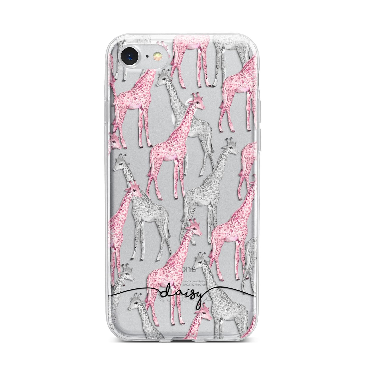 Personalised Pink Grey Giraffes iPhone 7 Bumper Case on Silver iPhone