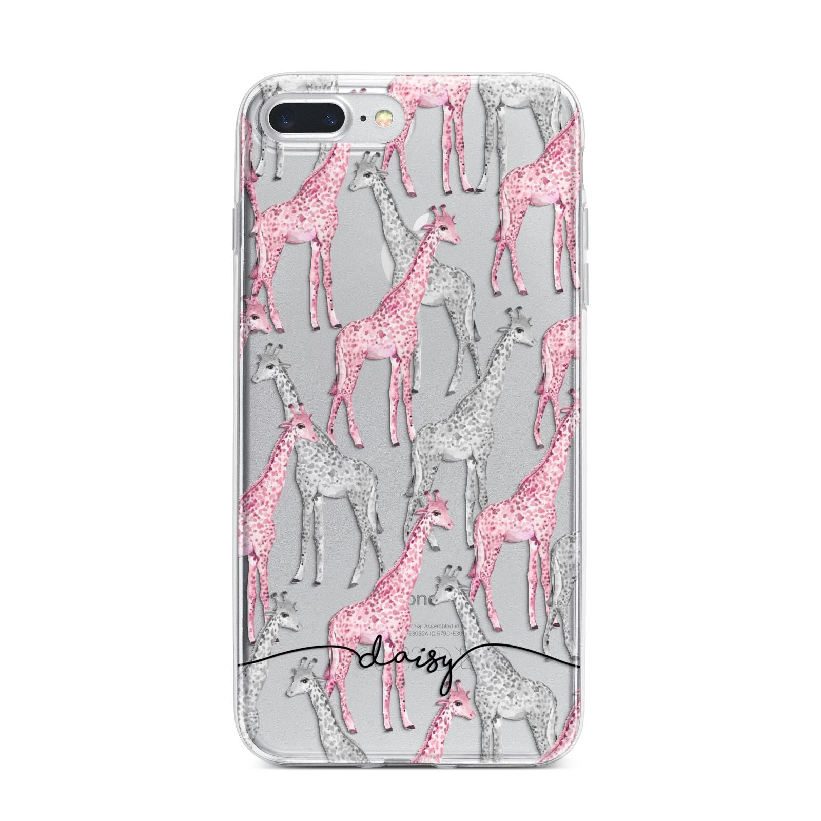 Personalised Pink Grey Giraffes iPhone 7 Plus Bumper Case on Silver iPhone