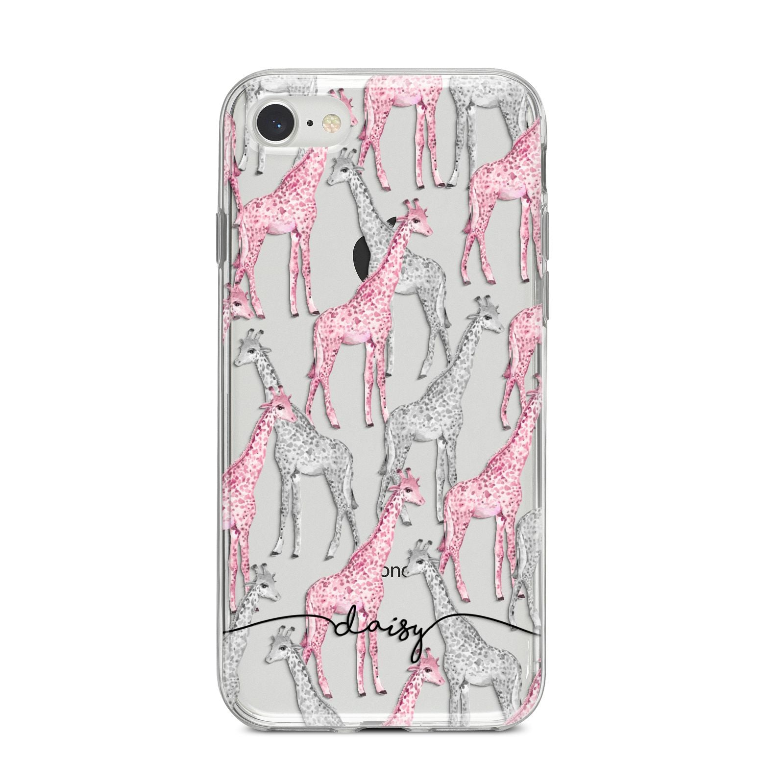 Personalised Pink Grey Giraffes iPhone 8 Bumper Case on Silver iPhone