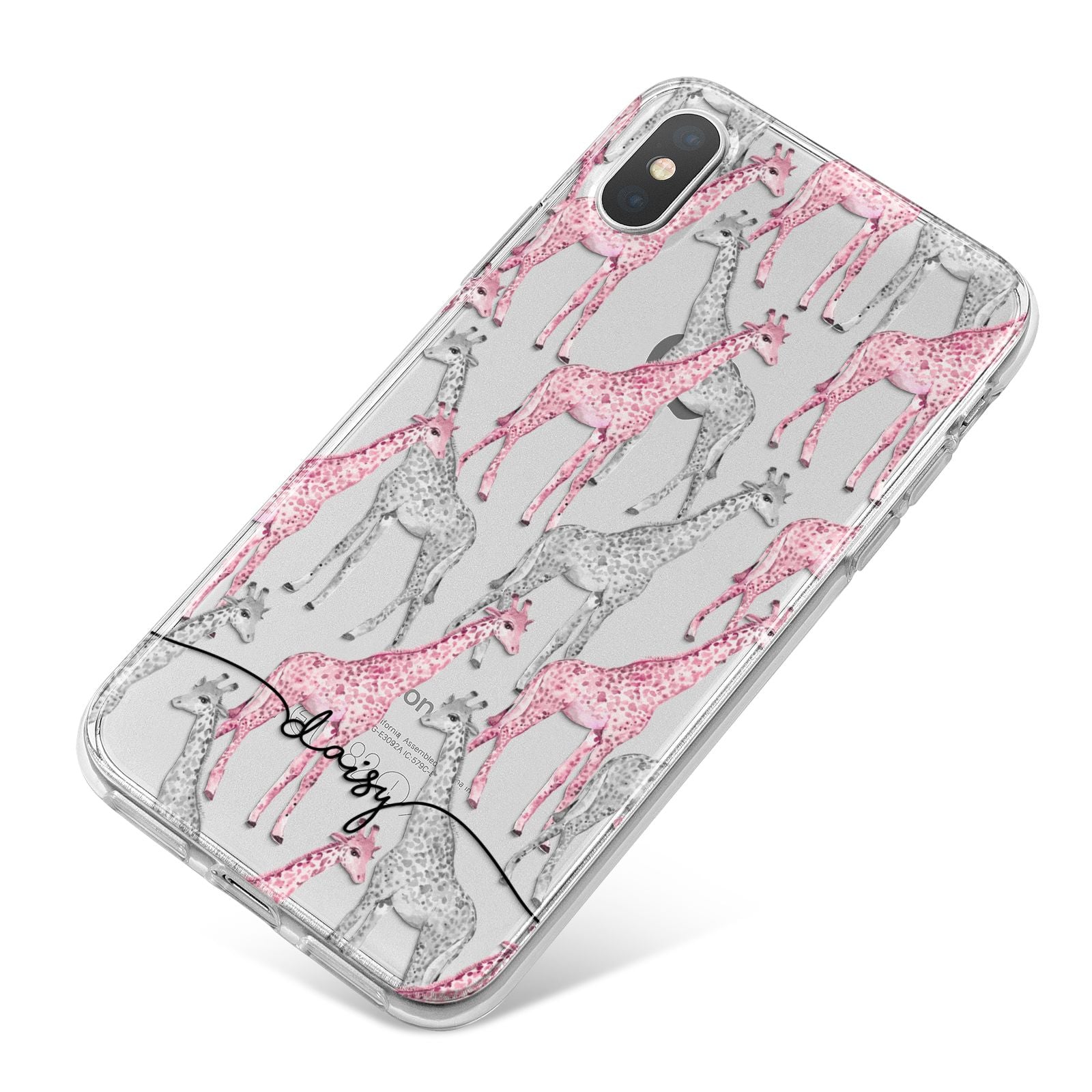 Personalised Pink Grey Giraffes iPhone X Bumper Case on Silver iPhone