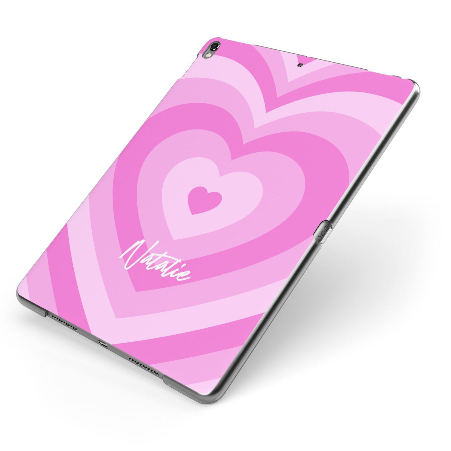 Personalised Pink Heart Apple iPad Case on Grey iPad Side View